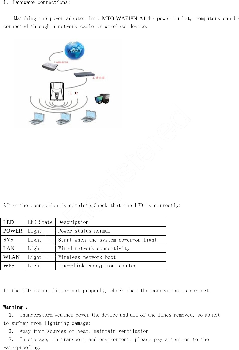 1． Hardware connections:   Matching the power adapter into MTO-WA718N-A1 the power outlet, computers can be connected through a network cable or wireless device.                     After the connection is complete, Check that the LED is correctly:  LED  LED State Description POWER Light Power status normal SYS  Light Start when the system power-on light LAN  Light Wired network connectivity WLAN  Light Wireless network boot WPS  Light   One-click encryption started     If the LED is not lit or not properly, check that the connection is correct.   Warning ：  1． Thunderstorm weather power the device and all of the lines removed, so as not to suffer from lightning damage; 2． Away from sources of heat, maintain ventilation; 3． In storage, in transport and environment, please pay attention to the waterproofing.   UnRegistered