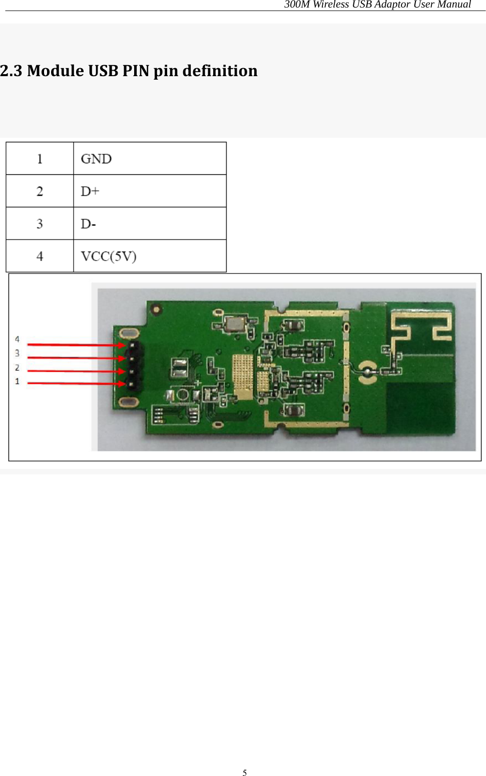 300M Wireless USB Adaptor User Manual 5  2.3ModuleUSBPINpindefinition    　  