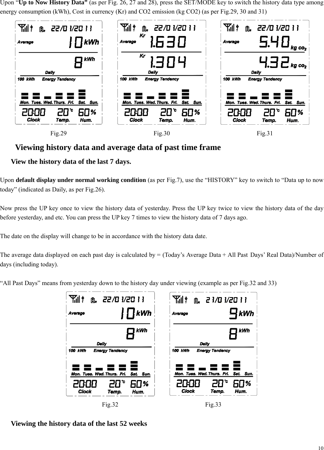  10Upon &ldquo;Up to Now History Data&rdquo; (as per Fig. 26, 27 and 28), press the SET/MODE key to switch the history data type among energy consumption (kWh), Cost in currency (Kr) and CO2 emission (kg CO2) (as per Fig.29, 30 and 31)      Fig.29 Fig.30 Fig.31    Viewing history data and average data of past time frame  View the history data of the last 7 days.    Upon default display under normal working condition (as per Fig.7), use the &ldquo;HISTORY&rdquo; key to switch to &ldquo;Data up to now today&rdquo; (indicated as Daily, as per Fig.26).    Now press the UP key once to view the history data of yesterday. Press the UP key twice to view the history data of the day before yesterday, and etc. You can press the UP key 7 times to view the history data of 7 days ago.  The date on the display will change to be in accordance with the history data date.  The average data displayed on each past day is calculated by = (Today&rsquo;s Average Data + All Past Days&rsquo; Real Data)/Number of days (including today).    &ldquo;All Past Days&rdquo; means from yesterday down to the history day under viewing (example as per Fig.32 and 33)   Fig.32 Fig.33   Viewing the history data of the last 52 weeks 