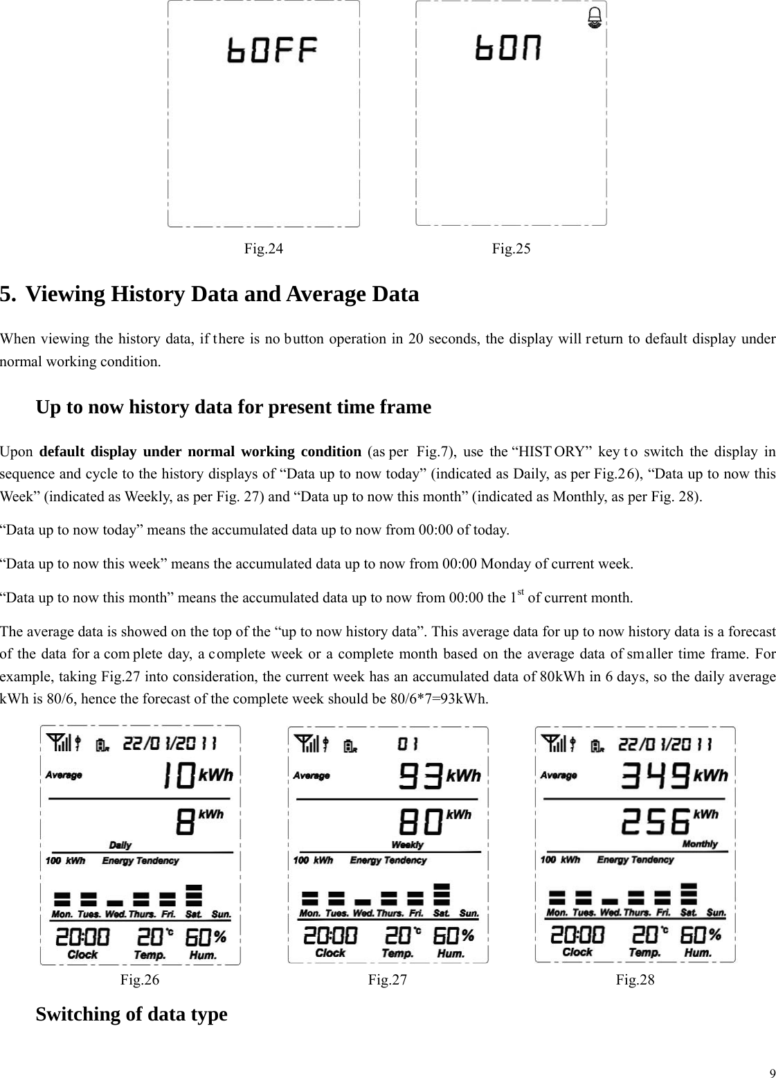 9  Fig.24 Fig.25 5. Viewing History Data and Average Data When viewing the history data, if there is no button operation in 20 seconds, the display will return to default display under normal working condition.    Up to now history data for present time frame Upon  default display under normal working condition (as per  Fig.7), use the &ldquo;HIST ORY&rdquo; key t o switch the display in sequence and cycle to the history displays of &ldquo;Data up to now today&rdquo; (indicated as Daily, as per Fig.26), &ldquo;Data up to now this Week&rdquo; (indicated as Weekly, as per Fig. 27) and &ldquo;Data up to now this month&rdquo; (indicated as Monthly, as per Fig. 28). &ldquo;Data up to now today&rdquo; means the accumulated data up to now from 00:00 of today. &ldquo;Data up to now this week&rdquo; means the accumulated data up to now from 00:00 Monday of current week. &ldquo;Data up to now this month&rdquo; means the accumulated data up to now from 00:00 the 1st of current month. The average data is showed on the top of the &ldquo;up to now history data&rdquo;. This average data for up to now history data is a forecast of the data for a com plete day, a complete week or a complete month based on the average data of smaller time frame. For example, taking Fig.27 into consideration, the current week has an accumulated data of 80kWh in 6 days, so the daily average kWh is 80/6, hence the forecast of the complete week should be 80/6*7=93kWh.    Fig.26 Fig.27 Fig.28    Switching of data type 