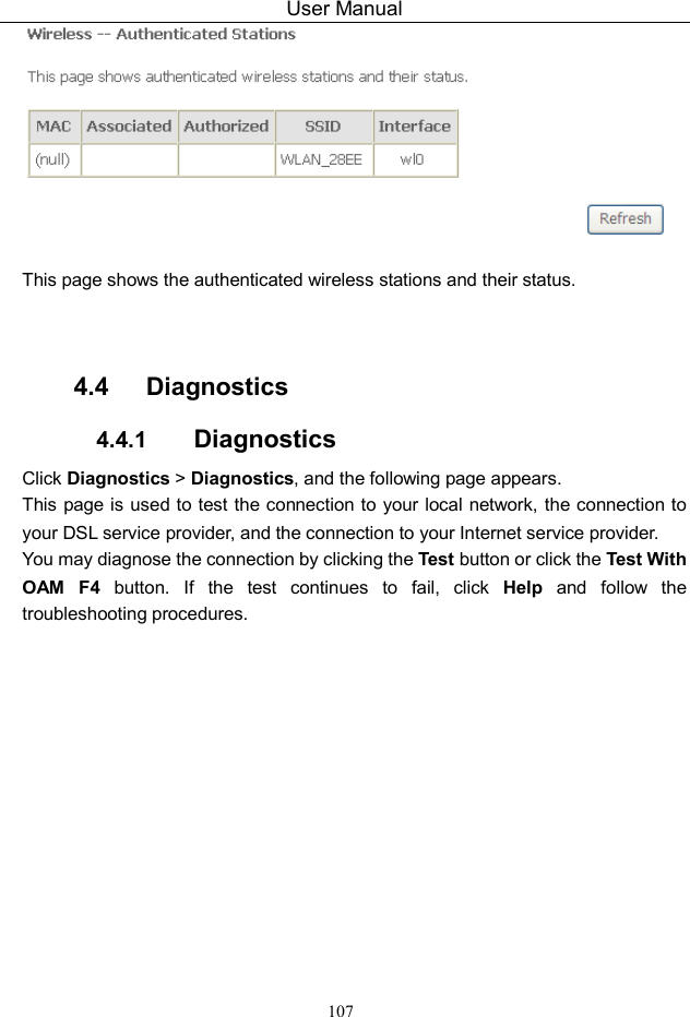 User Manual 107   This page shows the authenticated wireless stations and their status.   4.4   Diagnostics 4.4.1  Diagnostics Click Diagnostics &gt; Diagnostics, and the following page appears. This page is used to test the connection to your local network, the connection to your DSL service provider, and the connection to your Internet service provider.   You may diagnose the connection by clicking the Test button or click the Test With OAM  F4  button.  If  the  test  continues  to  fail,  click  Help  and  follow  the troubleshooting procedures. 