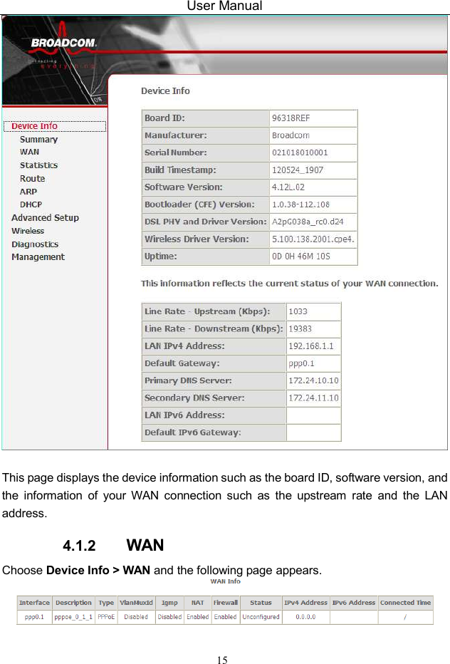 User Manual 15   This page displays the device information such as the board ID, software version, and the  information  of  your  WAN  connection  such  as  the  upstream  rate  and  the  LAN address. 4.1.2  WAN Choose Device Info &gt; WAN and the following page appears.   