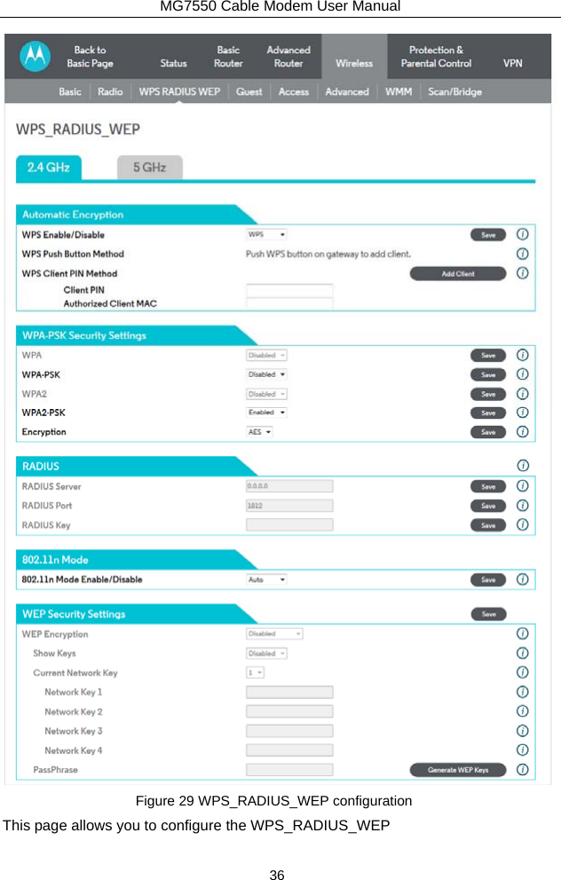 MG7550 Cable Modem User Manual 36  Figure 29 WPS_RADIUS_WEP configuration This page allows you to configure the WPS_RADIUS_WEP 