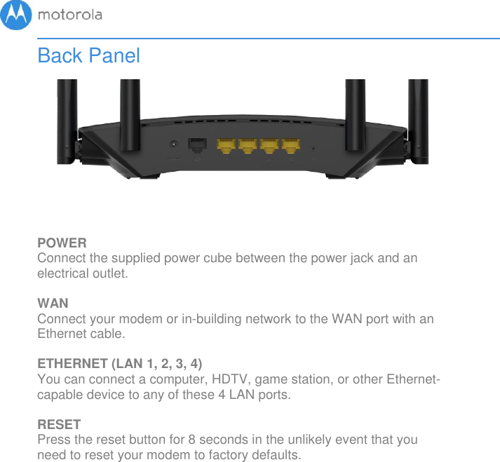        Back Panel   POWER  Connect the supplied power cube between the power jack and an electrical outlet.  WAN  Connect your modem or in-building network to the WAN port with an Ethernet cable.  ETHERNET (LAN 1, 2, 3, 4) You can connect a computer, HDTV, game station, or other Ethernet-capable device to any of these 4 LAN ports.  RESET  Press the reset button for 8 seconds in the unlikely event that you need to reset your modem to factory defaults.      