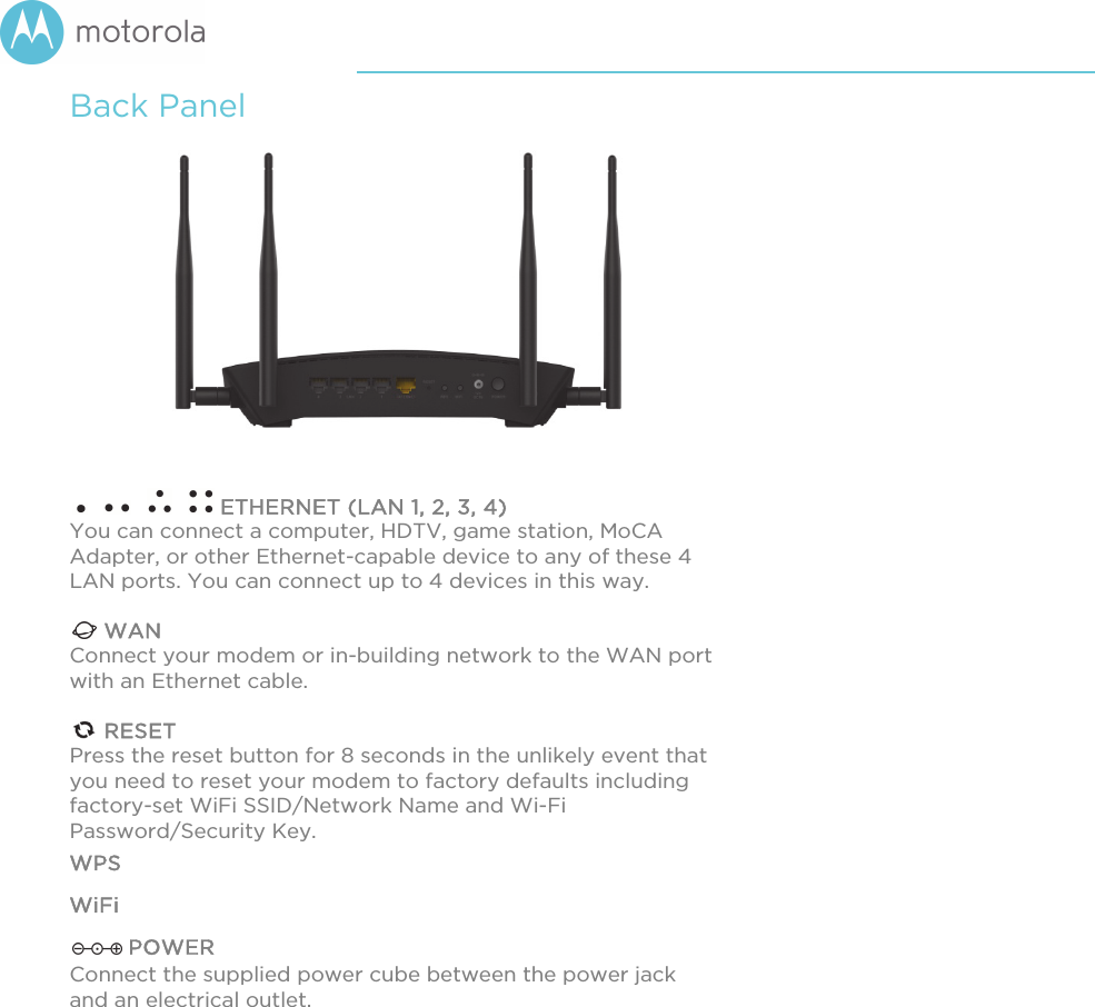        Back Panel                 ETHERNET (LAN 1, 2, 3, 4) You can connect a computer, HDTV, game station, MoCA Adapter, or other Ethernet-capable device to any of these 4 LAN ports. You can connect up to 4 devices in this way.   WAN  Connect your modem or in-building network to the WAN port with an Ethernet cable.   RESET  Press the reset button for 8 seconds in the unlikely event that you need to reset your modem to factory defaults including factory-set WiFi SSID/Network Name and Wi-Fi Password/Security Key. WPS WiFi  POWER  Connect the supplied power cube between the power jack and an electrical outlet.   