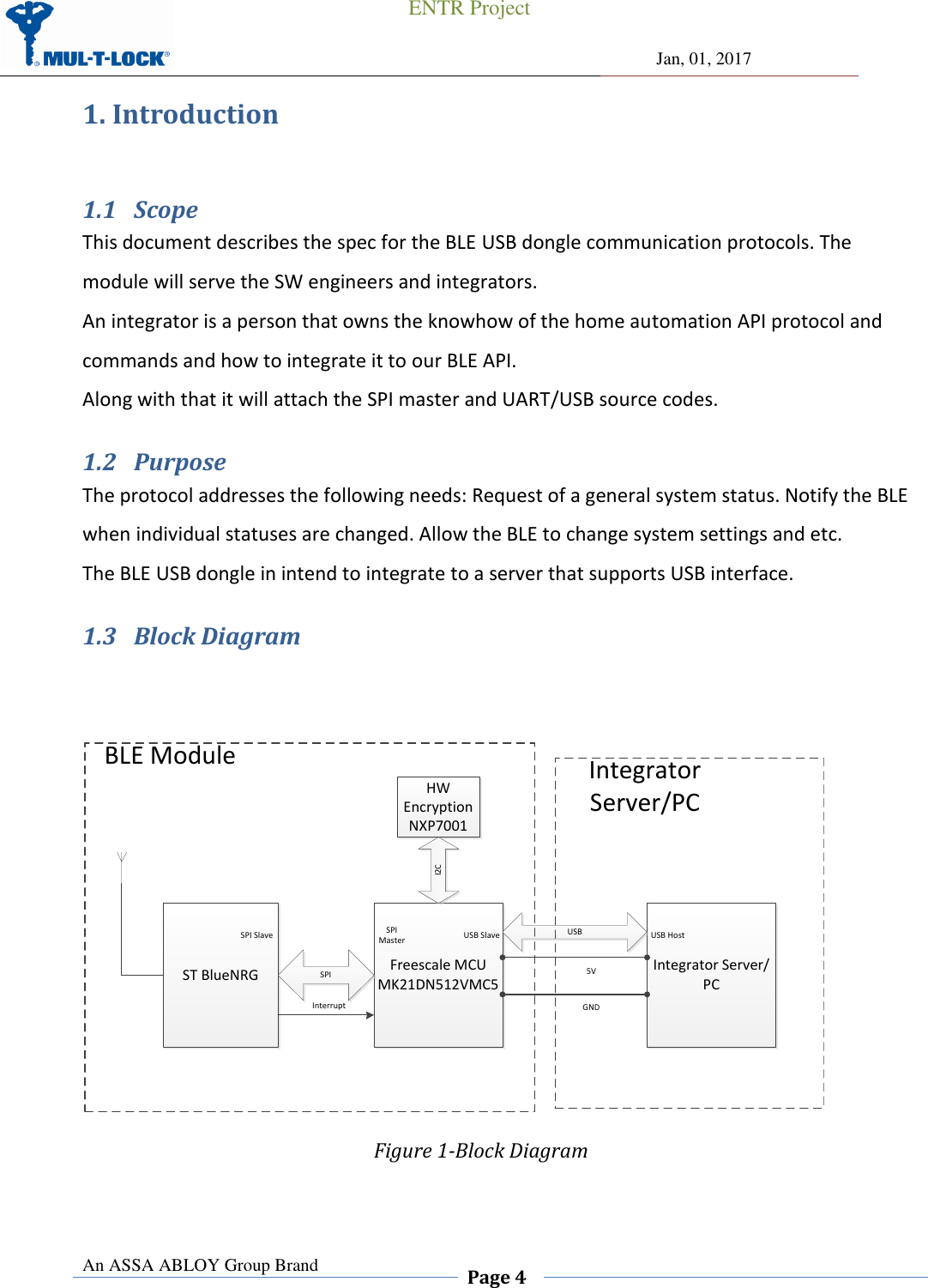                                                 ENTR Project                Jan, 01, 2017  An ASSA ABLOY Group Brand  Page 4    1. Introduction  1.1 Scope This document describes the spec for the BLE USB dongle communication protocols. The module will serve the SW engineers and integrators.  An integrator is a person that owns the knowhow of the home automation API protocol and commands and how to integrate it to our BLE API. Along with that it will attach the SPI master and UART/USB source codes. 1.2 Purpose The protocol addresses the following needs: Request of a general system status. Notify the BLE when individual statuses are changed. Allow the BLE to change system settings and etc. The BLE USB dongle in intend to integrate to a server that supports USB interface. 1.3 Block Diagram     ST BlueNRG Freescale MCU MK21DN512VMC5 SPISPI MasterSPI SlaveInterruptHW Encryption NXP7001I2CIntegrator Server/PCUSBUSB Slave USB HostBLE Module5VGNDIntegratorServer/PC Figure 1-Block Diagram  