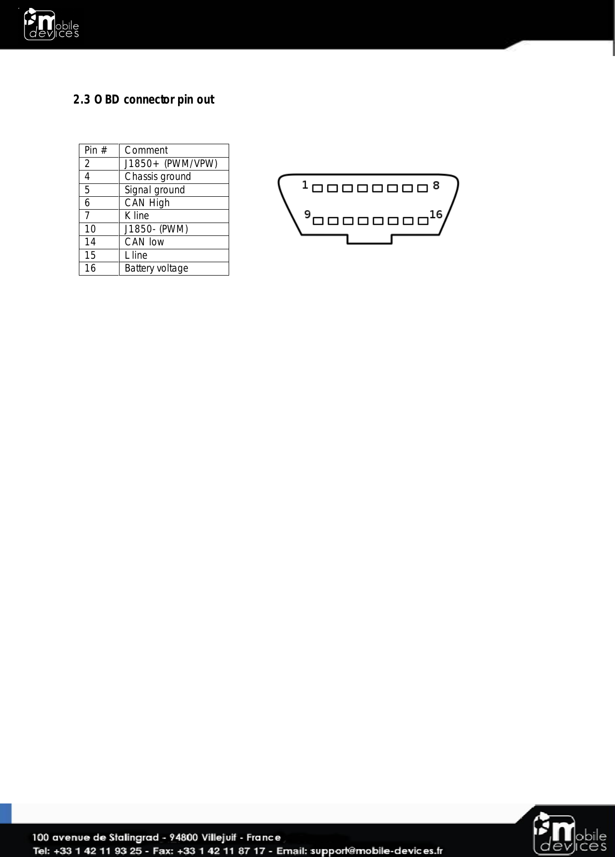   2.3 OBD connector pin out  Pin # Comment 2 J1850+ (PWM/VPW) 4 Chassis ground 5 Signal ground 6 CAN High 7 K line 10 J1850- (PWM) 14 CAN low 15 L line 16 Battery voltage     