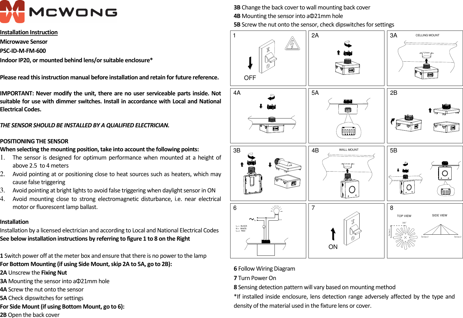                        Installation Instruction Microwave Sensor PSC-ID-M-FM-600 Indoor IP20, or mounted behind lens/or suitable enclosure*  Please read this instruction manual before installation and retain for future reference.   IMPORTANT: Never modify the unit, there are no user serviceable parts inside. Not suitable for use with dimmer switches. Install in accordance with Local and National Electrical Codes.   THE SENSOR SHOULD BE INSTALLED BY A QUALIFIED ELECTRICIAN.  POSITIONING THE SENSOR When selecting the mounting position, take into account the following points: 1.  The sensor is designed for optimum  performance when  mounted at  a  height of above 2.5  to 4 meters  2.  Avoid pointing at or positioning close to heat sources such as heaters, which may cause false triggering 3.  Avoid pointing at bright lights to avoid false triggering when daylight sensor in ON 4.  Avoid  mounting  close  to  strong  electromagnetic  disturbance,  i.e.  near  electrical motor or fluorescent lamp ballast.   Installation  Installation by a licensed electrician and according to Local and National Electrical Codes See below installation instructions by referring to figure 1 to 8 on the Right  1 Switch power off at the meter box and ensure that there is no power to the lamp For Bottom Mounting (if using Side Mount, skip 2A to 5A, go to 2B): 2A Unscrew the Fixing Nut  3A Mounting the sensor into a&Phi;21mm hole  4A Screw the nut onto the sensor 5A Check dipswitches for settings For Side Mount (if using Bottom Mount, go to 6):  2B Open the back cover 3B Change the back cover to wall mounting back cover 4B Mounting the sensor into a&Phi;21mm hole  5B Screw the nut onto the sensor, check dipswitches for settings                             6 Follow Wiring Diagram          7 Turn Power On 8 Sensing detection pattern will vary based on mounting method *If installed inside enclosure, lens detection range adversely affected by the type and density of the material used in the fixture lens or cover.  OFF360&deg;5m(max)ON5A 2B4A4B3B2A 3ATOP VIEW5m(max)SIDE VIEW5m(max)1? 21mm5B? 21mm6 7CELLING MOUNTWALL MOUNT8Lin =  BLACKN =  WHITELout=  REDLin Lout