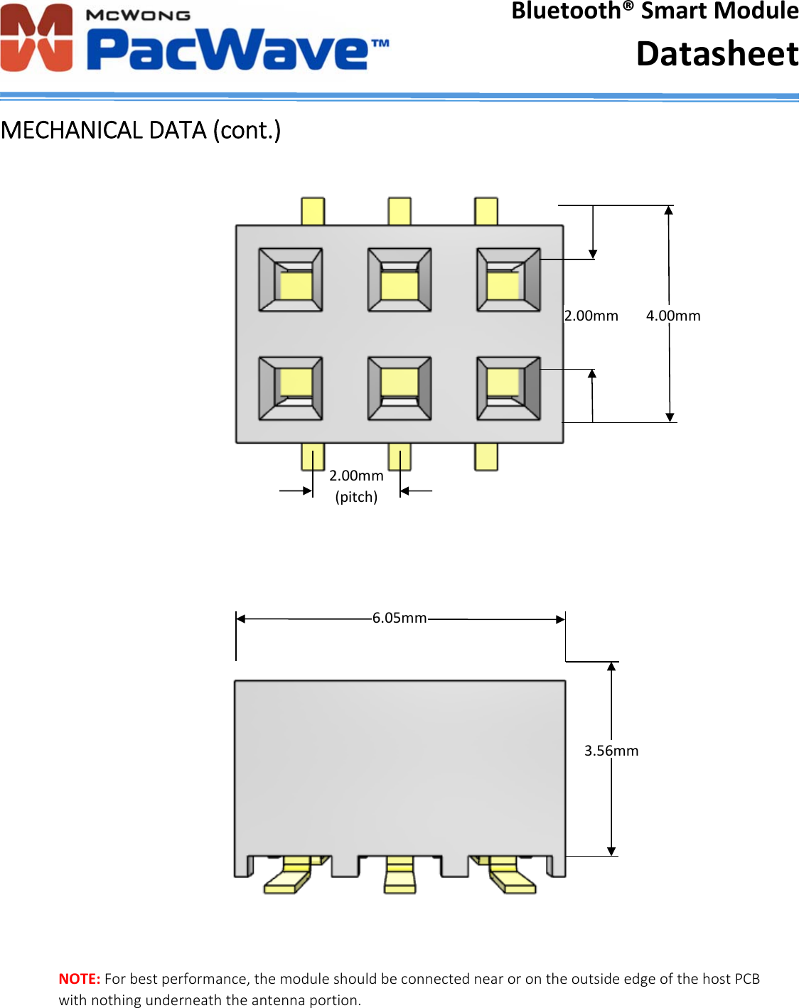 Bluetooth&reg;SmartModuleDatasheetMECHANICALDATA(cont.)NOTE:Forbestperformance,themoduleshouldbeconnectednearorontheoutsideedgeofthehostPCBwithnothingunderneaththeantennaportion.2.00mm(pitch)4.00mm2.00mm6.05mm3.56mm