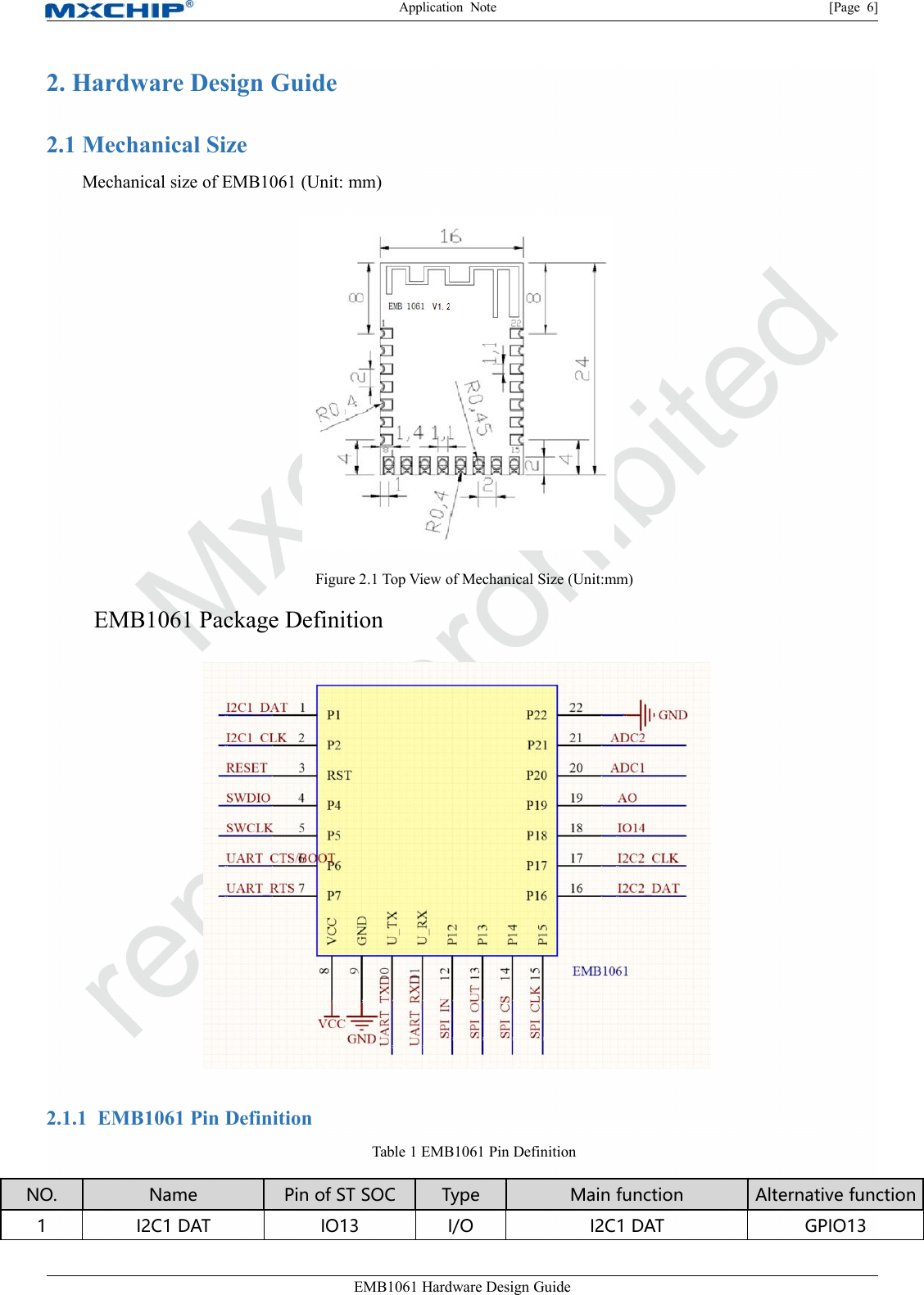 Application Note [Page 6]EMB1061 Hardware Design Guide2. Hardware Design Guide2.1 Mechanical SizeMechanical size of EMB1061 (Unit: mm)Figure 2.1 Top View of Mechanical Size (Unit:mm)EMB1061 Package Definition2.1.1 EMB1061 Pin DefinitionTable 1 EMB1061 Pin DefinitionNO.NamePin of ST SOCTypeMain functionAlternative function1I2C1 DATIO13I/OI2C1 DATGPIO13