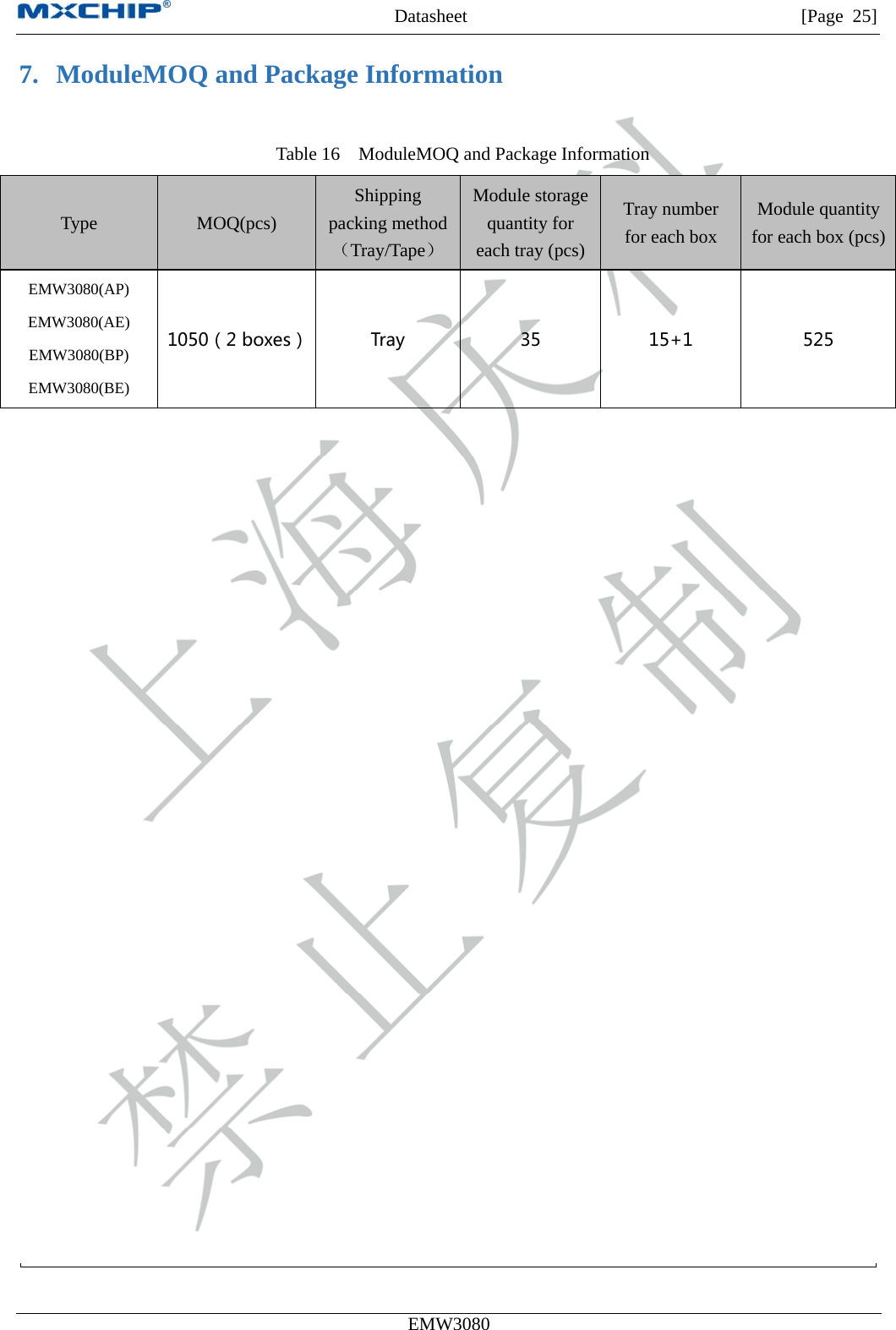 MXCHIP All Rights Reserved无法显示图像。计算机可能没有足够的内存以打开该图像，也可能是该图像已损坏。请重新启动计算机，然后重新打开该文件。如果仍然显示红色“x”，则可能需要删除该图像，然后重新将其插入。Datasheet         [Page 25] EMW3080  7. ModuleMOQ and Package Information   Table 16    ModuleMOQ and Package Information Type  MOQ(pcs) Shipping packing method（Tray/Tape） Module storage quantity for each tray (pcs)Tray number for each box Module quantity for each box (pcs)EMW3080(AP) EMW3080(AE) EMW3080(BP) EMW3080(BE) 1050（2 boxes） Tray 35 15+1 525  