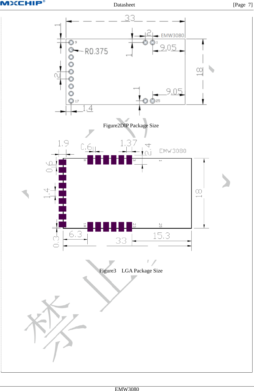 无法显示图像。计算机可能没有足够的内存以打开该图像，也可能是该图像已损坏。请重新启动计算机，然后重新打开该文件。如果仍然显示红色“x”，则可能需要删除该图 像，然后重新将其插入。FiguFigureMXCHIP All Rights ReservedDatasheetEMW3080ure2DIP Packe3  LGA Package Size ckage Size         [Page 7] 