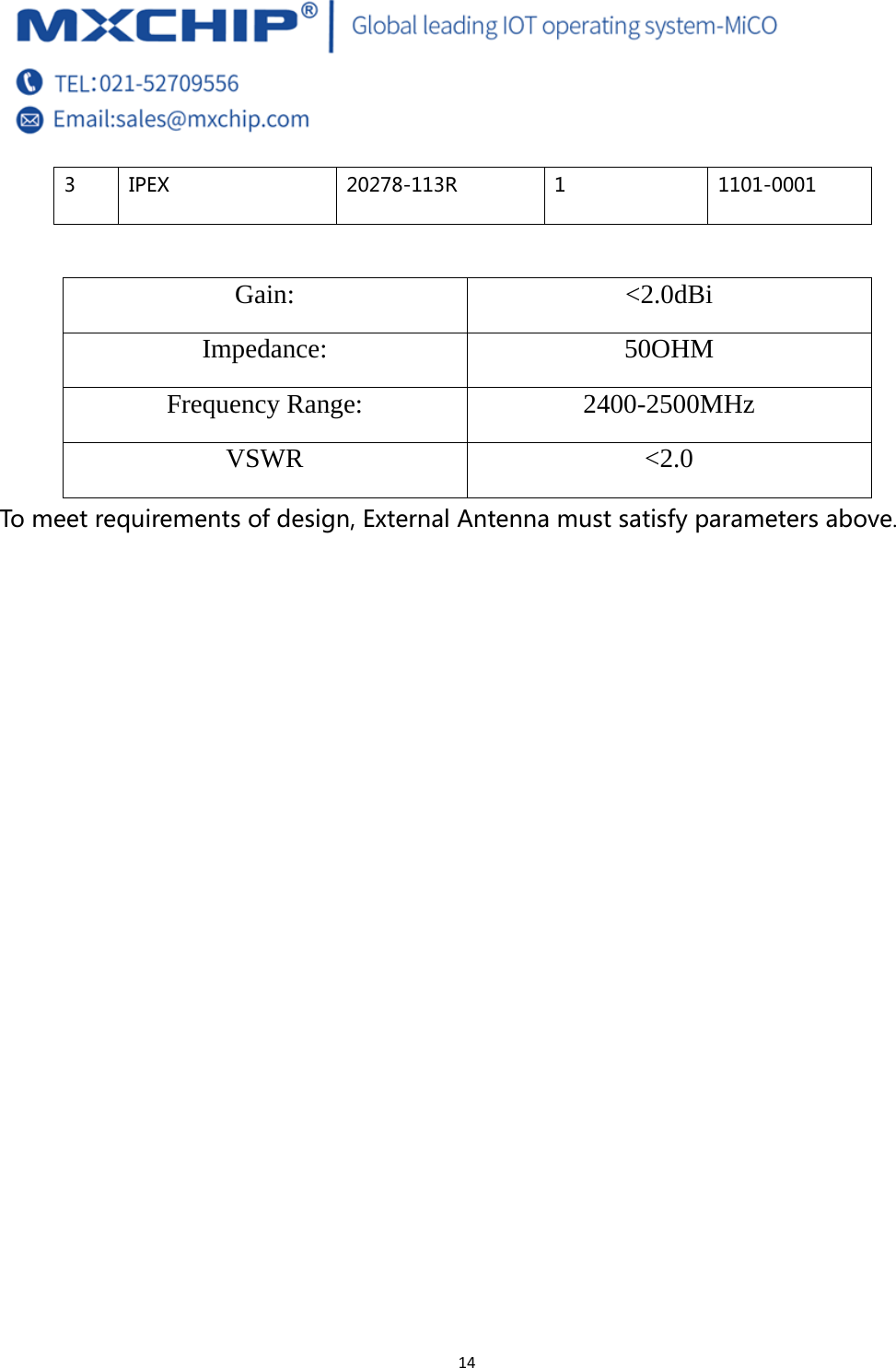  14 3  IPEX  20278-113R  1  1101-0001  Gain: &lt;2.0dBi Impedance: 50OHM Frequency Range:  2400-2500MHz VSWR &lt;2.0 To meet requirements of design, External Antenna must satisfy parameters above. 