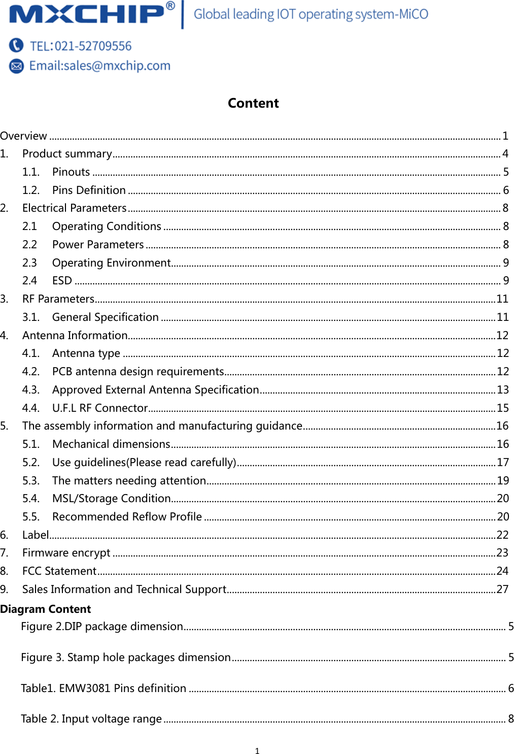  1 Content Overview .................................................................................................................................................................................. 11.Product summary ......................................................................................................................................................... 41.1.Pinouts ................................................................................................................................................................. 51.2.Pins Definition ................................................................................................................................................... 62.Electrical Parameters ................................................................................................................................................... 82.1Operating Conditions ..................................................................................................................................... 82.2Power Parameters ............................................................................................................................................ 82.3Operating Environment .................................................................................................................................. 92.4ESD ........................................................................................................................................................................ 93.RF Parameters .............................................................................................................................................................. 113.1.General Specification .................................................................................................................................... 114.Antenna Information................................................................................................................................................. 124.1.Antenna type ................................................................................................................................................... 124.2.PCB antenna design requirements ........................................................................................................... 124.3.Approved External Antenna Specification ............................................................................................. 134.4.U.F.L RF Connector ......................................................................................................................................... 155.The assembly information and manufacturing guidance ............................................................................ 165.1.Mechanical dimensions ................................................................................................................................ 165.2.Use guidelines(Please read carefully) ...................................................................................................... 175.3.The matters needing attention .................................................................................................................. 195.4.MSL/Storage Condition ................................................................................................................................ 205.5.Recommended Reflow Profile ................................................................................................................... 206.Label ................................................................................................................................................................................ 227.Firmware encrypt ....................................................................................................................................................... 238.FCC Statement ............................................................................................................................................................. 249.Sales Information and Technical Support .......................................................................................................... 27Diagram Content Figure 2.DIP package dimension ............................................................................................................................... 5Figure 3. Stamp hole packages dimension ............................................................................................................ 5Table1. EMW3081 Pins definition ............................................................................................................................. 6Table 2. Input voltage range ....................................................................................................................................... 8