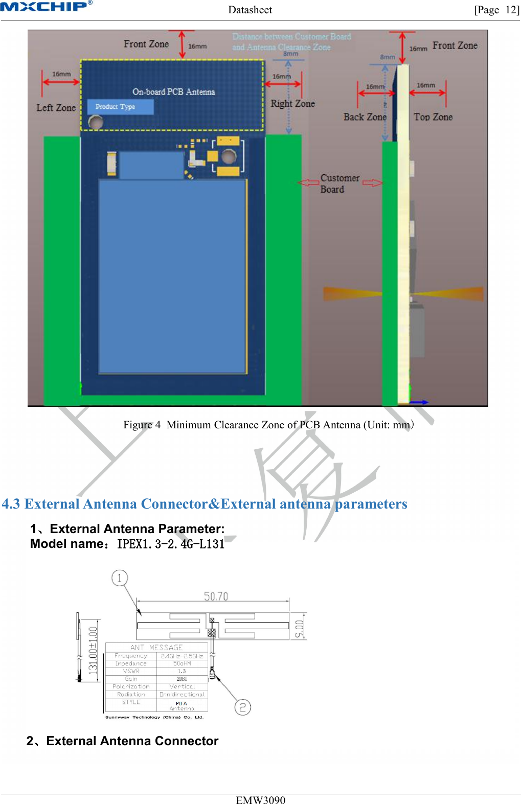 Datasheet [Page 12]EMW3090Figure 4 Minimum Clearance Zone of PCB Antenna (Unit: mm)4.3 External Antenna Connector&amp;External antenna parameters1、External Antenna Parameter:Model name：IPEX1.3-2.4G-L1312、External Antenna Connector