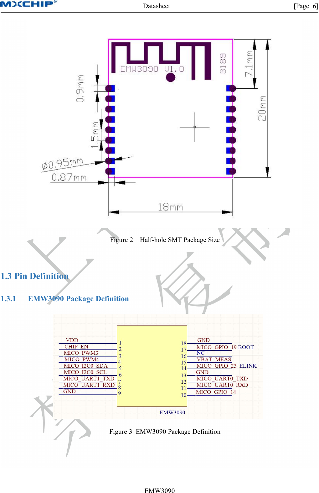 Datasheet [Page 6]EMW3090Figure 2 Half-hole SMT Package Size1.3 Pin Definition1.3.1 EMW3090 Package DefinitionFigure 3 EMW3090 Package Definition