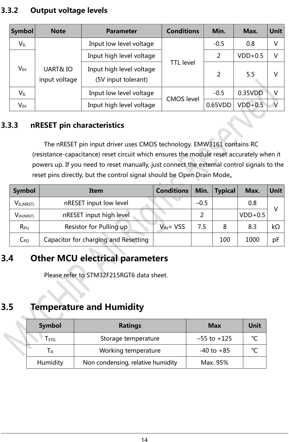 14     3.3.2 Output voltage levels Symbol Note Parameter Conditions Min. Max. Unit VIL UART&amp; IO input voltage Input low level voltage TTL level -0.5 0.8 V VIH Input high level voltage 2 VDD+0.5 V Input high level voltage (5V input tolerant) 2 5.5 V VIL Input low level voltage CMOS level -0.5 0.35VDD V VIH Input high level voltage 0.65VDD VDD+0.5 V 3.3.3 nRESET pin characteristics   The nRESET pin input driver uses CMOS technology. EMW3161 contains RC (resistance-capacitance) reset circuit which ensures the module reset accurately when it powers up. If you need to reset manually, just connect the external control signals to the reset pins directly, but the control signal should be Open Drain Mode。 Symbol Item Conditions Min. Typical Max. Unit VIL(NRST) nRESET input low level  –0.5  0.8 V VIH(NRST) nRESET input high level  2  VDD+0.5 RPU Resistor for Pulling up VIN= VSS 7.5 8 8.3 kΩ CPD Capacitor for charging and Resetting     100 1000 pF 3.4 Other MCU electrical parameters Please refer to STM32F215RGT6 data sheet.    3.5 Temperature and Humidity Symbol Ratings Max Unit TSTG Storage temperature –55 to +125 ℃ TA Working temperature -40 to +85 ℃ Humidity  Non condensing, relative humidity  Max. 95%     