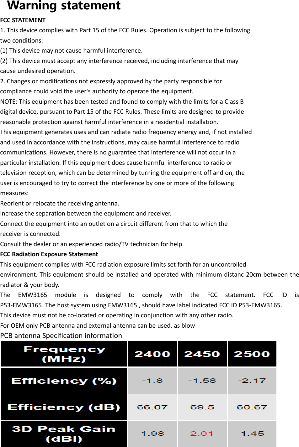 Warning statementFCC STATEMENT1. This device complies with Part 15 of the FCC Rules. Operation is subject to the followingtwo conditions:(1) This device may not cause harmful interference.(2) This device must accept any interference received, including interference that maycause undesired operation.2. Changes or modifications not expressly approved by the party responsible forcompliance could void the user's authority to operate the equipment.NOTE: This equipment has been tested and found to comply with the limits for a Class Bdigital device, pursuant to Part 15 of the FCC Rules. These limits are designed to providereasonable protection against harmful interference in a residential installation.This equipment generates uses and can radiate radio frequency energy and, if not installedand used in accordance with the instructions, may cause harmful interference to radiocommunications. However, there is no guarantee that interference will not occur in aparticular installation. If this equipment does cause harmful interference to radio ortelevision reception, which can be determined by turning the equipment off and on, theuser is encouraged to try to correct the interference by one or more of the followingmeasures:Reorient or relocate the receiving antenna.Increase the separation between the equipment and receiver.Connect the equipment into an outlet on a circuit different from that to which thereceiver is connected.Consult the dealer or an experienced radio/TV technician for help.FCC Radiation Exposure StatementThis equipment complies with FCC radiation exposure limits set forth for an uncontrolledenvironment. This equipment should be installed and operated with minimum distanc 20cm between theradiator & your body.The EMW3165 module is designed to comply with the FCC statement. FCC ID isP53‐EMW3165. The host system using EMW3165 , should have label indicated FCC ID P53‐EMW3165.This device must not be co‐located or operating in conjunction with any other radio.For OEM only PCB antenna and external antenna can be used. as blowPCB antenna Specification information