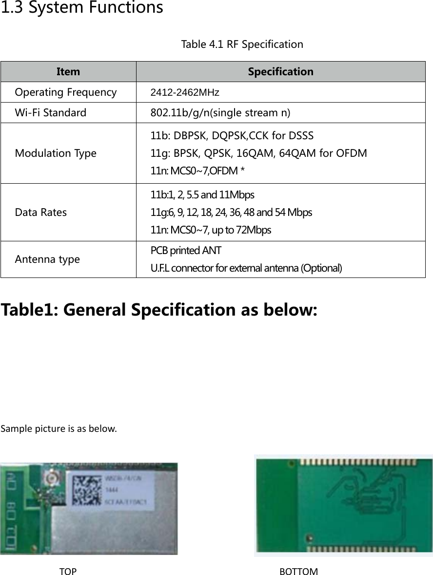 1.3 System FunctionsTable 4.1 RF SpecificationItem SpecificationOperating Frequency 2412-2462MHzWi-Fi Standard 802.11b/g/n(single stream n)Modulation Type11b: DBPSK, DQPSK,CCK for DSSS11g: BPSK, QPSK, 16QAM, 64QAM for OFDM11n: MCS0~7,OFDM*Data Rates11b:1, 2, 5.5 and 11Mbps11g:6, 9, 12, 18, 24, 36, 48 and 54 Mbps11n: MCS0~7, up to 72MbpsAntenna type PCB printed ANTU.F.L connector for external antenna (Optional)Table1: General Specification as below:Sample picture is as below.TOP BOTTOM