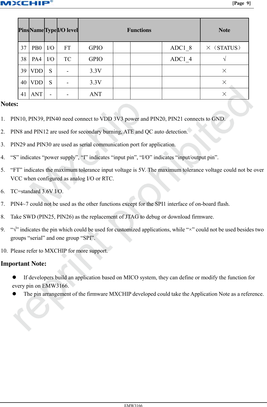 [Page  9] EMW3166 Pins Name Type I/O level Functions Note 37 PB0 I/O FT GPIO ADC1_8 ×（STATUS） 38 PA4 I/O TC GPIO ADC1_4 √ 39 VDD S - 3.3V × 40 VDD S - 3.3V × 41 ANT - - ANT × Notes: 1. PIN10, PIN39, PIN40 need connect to VDD 3V3 power and PIN20, PIN21 connects to GND.2. PIN8 and PIN12 are used for secondary burning, ATE and QC auto detection.3. PIN29 and PIN30 are used as serial communication port for application.4. “S” indicates “power supply”, “I” indicates “input pin”, “I/O” indicates “input/output pin”.5. “FT” indicates the maximum tolerance input voltage is 5V. The maximum tolerance voltage could not be overVCC when configured as analog I/O or RTC.6. TC=standard 3.6V I/O.7. PIN4~7 could not be used as the other functions except for the SPI1 interface of on-board flash.8. Take SWD (PIN25, PIN26) as the replacement of JTAG to debug or download firmware.9. “√” indicates the pin which could be used for customized applications, while “×” could not be used besides twogroups “serial” and one group “SPI”.10. Please refer to MXCHIP for more support.Important Note: If developers build an application based on MICO system, they can define or modify the function forevery pin on EMW3166. The pin arrangement of the firmware MXCHIP developed could take the Application Note as a reference.