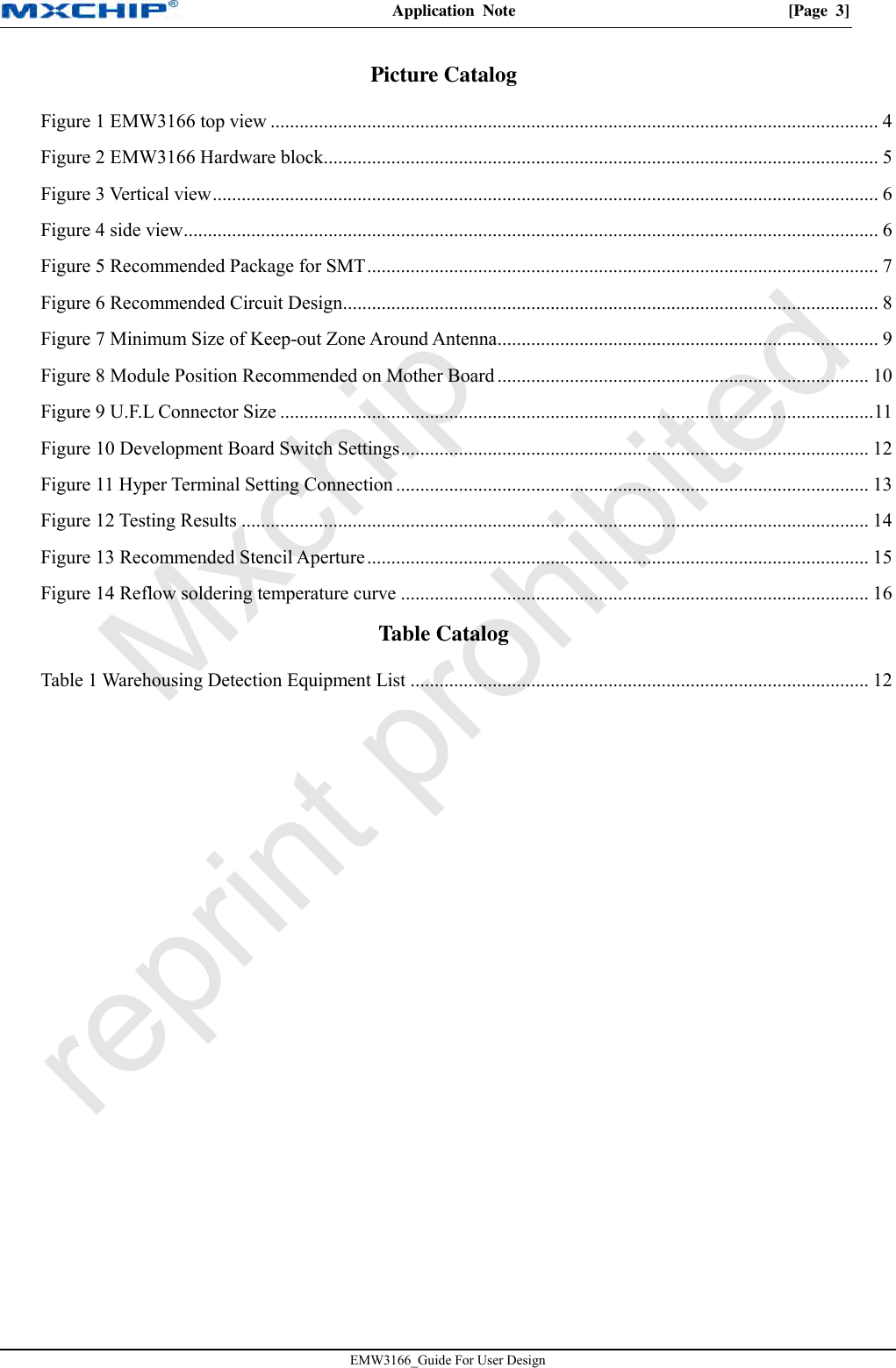 Application  Note  [Page  3] EMW3166_Guide For User Design Picture Catalog Figure 1 EMW3166 top view .............................................................................................................................. 4 Figure 2 EMW3166 Hardware block ................................................................................................................... 5 Figure 3 Vertical view .......................................................................................................................................... 6 Figure 4 side view ................................................................................................................................................ 6 Figure 5 Recommended Package for SMT .......................................................................................................... 7 Figure 6 Recommended Circuit Design ............................................................................................................... 8 Figure 7 Minimum Size of Keep-out Zone Around Antenna ............................................................................... 9 Figure 8 Module Position Recommended on Mother Board ............................................................................. 10 Figure 9 U.F.L Connector Size ........................................................................................................................... 11 Figure 10 Development Board Switch Settings ................................................................................................. 12 Figure 11 Hyper Terminal Setting Connection .................................................................................................. 13 Figure 12 Testing Results .................................................................................................................................. 14 Figure 13 Recommended Stencil Aperture ........................................................................................................ 15 Figure 14 Reflow soldering temperature curve ................................................................................................. 16 Table Catalog Table 1 Warehousing Detection Equipment List ............................................................................................... 12 