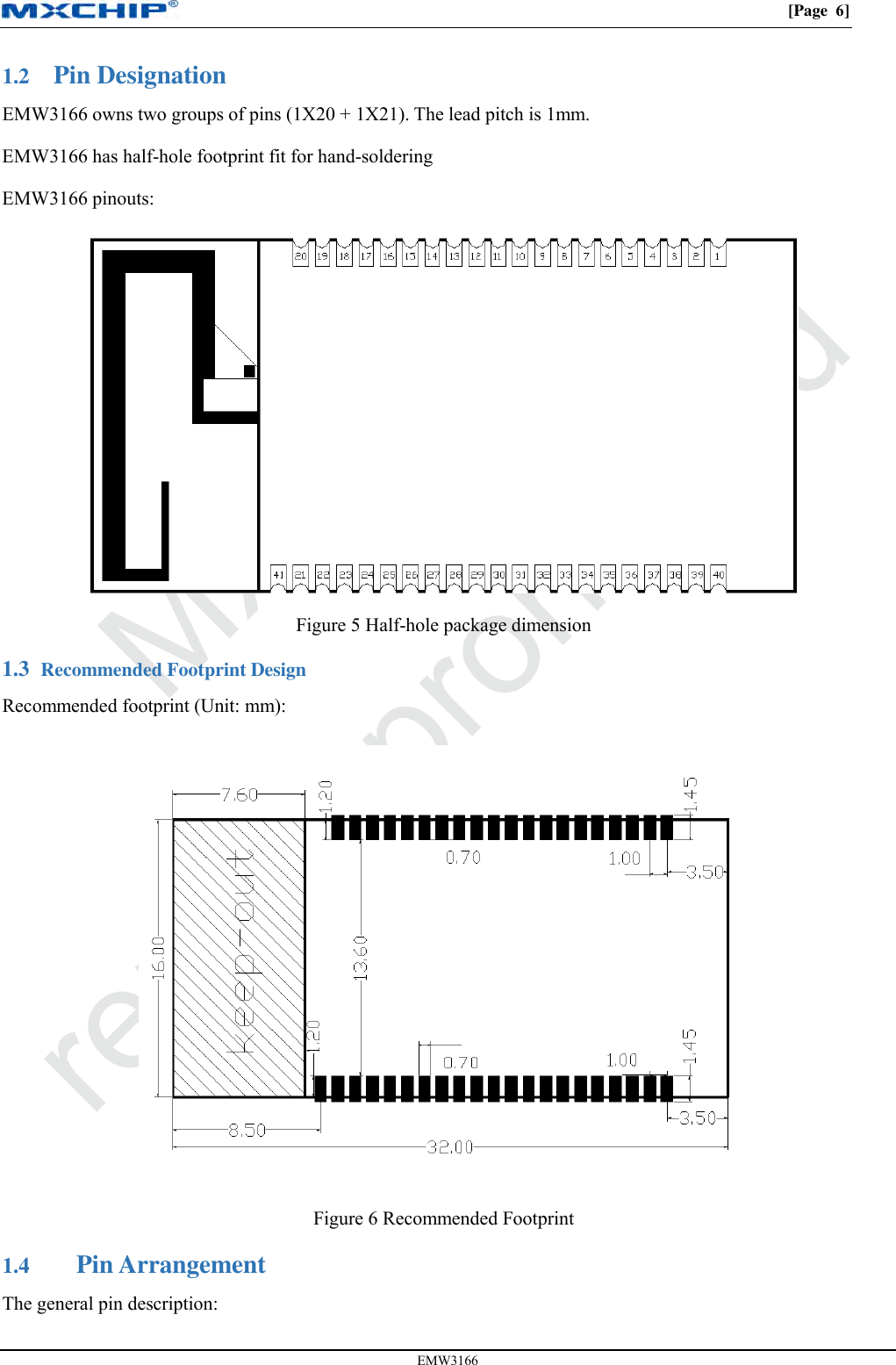 [Page  6] EMW3166  Pin Designation 1.2EMW3166 owns two groups of pins (1X20 + 1X21). The lead pitch is 1mm. EMW3166 has half-hole footprint fit for hand-soldering EMW3166 pinouts: Figure 5 Half-hole package dimension  Recommended Footprint Design 1.3Recommended footprint (Unit: mm): Figure 6 Recommended Footprint  Pin Arrangement 1.4The general pin description: 