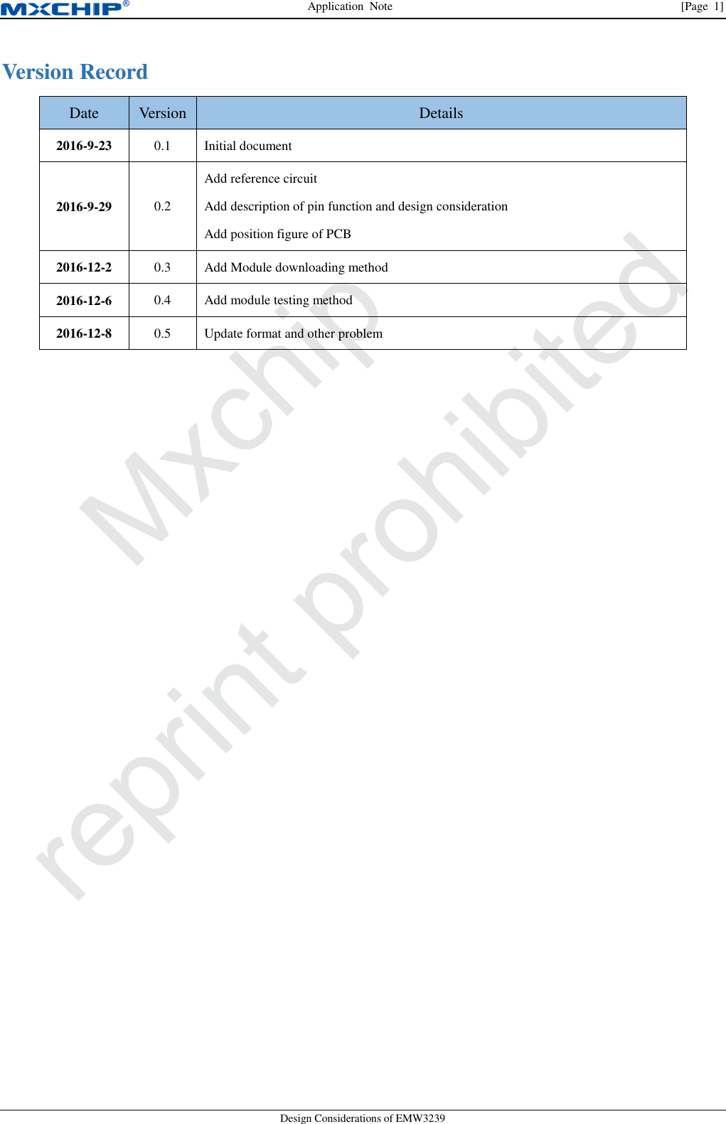 Application  Note  [Page  1] Design Considerations of EMW3239 Version Record Date Version Details 2016-9-23 0.1 Initial document 2016-9-29 0.2 Add reference circuit Add description of pin function and design consideration Add position figure of PCB 2016-12-2 0.3 Add Module downloading method 2016-12-6 0.4 Add module testing method 2016-12-8 0.5 Update format and other problem 