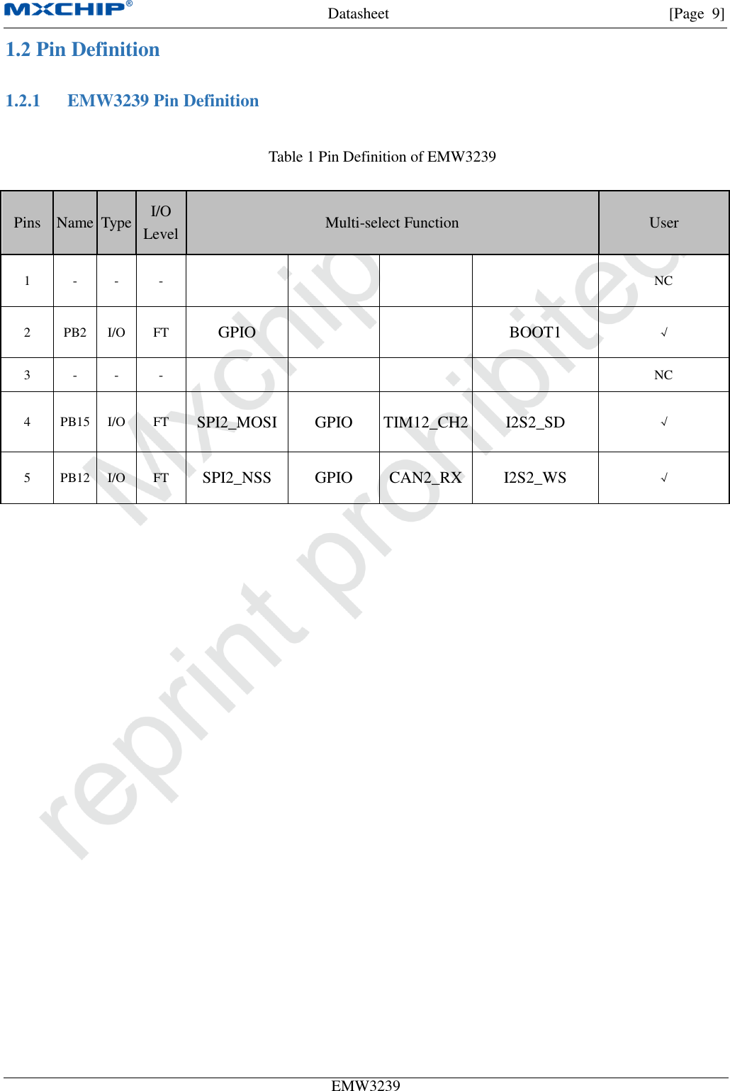 Datasheet [Page  9] EMW3239 1.2 Pin Definition 1.2.1 EMW3239 Pin Definition Pins  Name  Type  I/O Level  Multi-select Function  User 1  -  -  -  NC 2  PB2  I/O  FT GPIO  BOOT1  √ 3  -  -  -  NC 4  PB15  I/O  FT SPI2_MOSI  GPIO  TIM12_CH2  I2S2_SD  √ 5  PB12  I/O  FT SPI2_NSS  GPIO  CAN2_RX  I2S2_WS  √Table 1 Pin Definition of EMW3239 