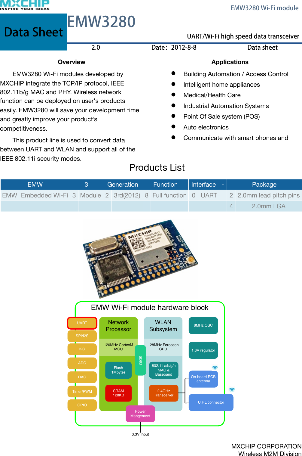 Data SheetEMW3280EMW3280Data SheetUART/Wi-Fi high speed data transceiverUART/Wi-Fi high speed data transceiverData Sheet2.0Date：2012-8-8Data sheetOverviewEMW3280 Wi-Fi modules developed by MXCHIP integrate the TCP/IP protocol, IEEE 802.11b/g MAC and PHY. Wireless network function can be deployed on user&apos;s products easily. EMW3280 will save your development time and greatly improve your product’s competitiveness.This product line is used to convert data between UART and WLAN and support all of the IEEE 802.11i security modes.ApplicationsBuilding Automation / Access Control Intelligent home appliancesMedical/Health Care Industrial Automation SystemsPoint Of Sale system (POS) Auto electronicsCommunicate with smart phones andProducts ListEMW EMW 33GenerationGenerationFunctionFunctionInterfaceInterface-PackagePackageEMWEmbedded Wi-Fi3Module23rd(2012)8Full function0UART22.0mm lead pitch pins42.0mm LGA! EMW Wi-Fi module hardware blockNetworkProcessor120MHz CortexM MCUFlash1MbytesSRAM128KBWLANSubsystem128MHz Feroceon CPU802.11 a/b/g/n MAC &amp; Baseband2.4GHz TransceiverOn-board PCB antennaU.F.L connector8MHz OSC1.8V regulator     PRODUCT BRIEF  GS1011 Ultra Low-Power Wireless Single Chip PRODUCT OVERVIEW GS1011  device  is  a  highly  integrated  ultra  low  power  wireless  single  chip  whichcontains an 802.11 radio, media access controller (MAC) and baseband processor,on-chip  flash  memory  and  SRAM,  and  an  applications  processor  all  on  a  singlepackage.  The  GS1011  supports  the  full  802.11b  (11Mbps)  data  rates  providing scalability on data  throughput for  higher  bandwidth  application  while  still  providingthe  ultra  low  power consumption  for  years  of  battery  life.  The  GS1011  is  pin  and package  compatible  with  the  GS1010  enabling  seamless  hardware  upgrade  forcurrent designs. Along with its embedded software stack it offers a highly scalable,reliable,  manageable  and  secure  wireless  link  to  meet  the  growing  demand  of wireless  sensor  networks  utilizing  the  broadly  accepted  IEEE  802.11  standardsinfrastructure.  This  solution  is  ideal  for  use  in  smart  energy,  building  automation,industrial and commercial  automation  and  cold  storage  monitoring  applications.  In addition, the  solution  provides  capabilities such as  location  awareness  which alsomake  it  well  suited  for  logistics  and  supply  chain  applications  for  tracking  assetlocation and status. FEATURES &amp; BENEFITS  Highly Integrated wireless SOC with 802.11 radio, MAC and Baseband, Integrated PA, Application CPU, RTC, SRAM and FLASH   Reduces system cost of implementing separate devices and lowers design complexity   Ultra small form-factor reduces board space  Supports IEEE 802.11   Lowers customer’s total cost of ownership (TCO) in network implementation and  management    Seamlessly integrates with existing 802.11b/g infrastructure and utilizes the 802.11 security, manageability, easeof-use, and quality of service   Supports full 802.11b data rates (up to 11 Mbps) for higher bandwidth applications       802.11i/WPA2 Authentication, AES Hardware encryption   Enterprise level security &amp;reliability for sensor networks  Power Management   Optimized for battery powered application  with very low power consumption for multiple years of battery life  Location Awareness   Enables users to trace and monitor assets   Multiple I/O: SPI, UART, PWM, I2C, ADC, GPIO   Provides flexibility in system design for  easier integration  Firmware, Device drivers, Reference Application SW, APIs, and SDK   Reduces customer development time for  application software enabling faster time to market  Seamless HW upgrade to current designs   Pin and package compatible with GS1010,  makes it drop in replacement onto current GS1010 designs    GS1011 BLOCK DIAGRAM Standby Power DomainNetworkProcessorWLANSubsystemUARTAntennaExternal Power Amp Control (Optional) RF Switch44MHz XTALDC-DC Control2x External Wake Up32kHz XTAL2x SPI2x UART2x ADCI2C3x PWM32x GPIO ARM7 CPUBattery (3.6V – 1.2V)SPIADCI2CPWMGPIOARM7 CPU2.4 GHzTransceiver802.11MAC &amp;BasebandFlash256KBSRAM128KBRTC2x AlarmXTLOSC1.8 V RegulatorNVRAM512 Bytes     PRODUCT BRIEF  GS1011 Ultra Low-Power Wireless Single Chip PRODUCT OVERVIEW GS1011  device  is  a  highly  integrated  ultra  low  power  wireless  single  chip  whichcontains an 802.11 radio, media access controller (MAC) and baseband processor,on-chip  flash  memory  and  SRAM,  and  an  applications  processor  all  on  a  singlepackage.  The  GS1011  supports  the  full  802.11b  (11Mbps)  data  rates  providing scalability on data  throughput for  higher  bandwidth  application  while  still  providingthe  ultra  low  power consumption  for  years  of  battery  life.  The  GS1011  is  pin  and package  compatible  with  the  GS1010  enabling  seamless  hardware  upgrade  forcurrent designs. Along with its embedded software stack it offers a highly scalable,reliable,  manageable  and  secure  wireless  link  to  meet  the  growing  demand  of wireless  sensor  networks  utilizing  the  broadly  accepted  IEEE  802.11  standardsinfrastructure.  This  solution  is  ideal  for  use  in  smart  energy,  building  automation,industrial and commercial  automation  and  cold  storage  monitoring  applications.  In addition, the  solution  provides  capabilities such as  location  awareness  which alsomake  it  well  suited  for  logistics  and  supply  chain  applications  for  tracking  assetlocation and status. FEATURES &amp; BENEFITS  Highly Integrated wireless SOC with 802.11 radio, MAC and Baseband, Integrated PA, Application CPU, RTC, SRAM and FLASH   Reduces system cost of implementing separate devices and lowers design complexity   Ultra small form-factor reduces board space  Supports IEEE 802.11   Lowers customer’s total cost of ownership (TCO) in network implementation and  management    Seamlessly integrates with existing 802.11b/g infrastructure and utilizes the 802.11 security, manageability, easeof-use, and quality of service   Supports full 802.11b data rates (up to 11 Mbps) for higher bandwidth applications       802.11i/WPA2 Authentication, AES Hardware encryption   Enterprise level security &amp;reliability for sensor networks  Power Management   Optimized for battery powered application  with very low power consumption for multiple years of battery life  Location Awareness   Enables users to trace and monitor assets   Multiple I/O: SPI, UART, PWM, I2C, ADC, GPIO   Provides flexibility in system design for  easier integration  Firmware, Device drivers, Reference Application SW, APIs, and SDK   Reduces customer development time for  application software enabling faster time to market  Seamless HW upgrade to current designs   Pin and package compatible with GS1010,  makes it drop in replacement onto current GS1010 designs    GS1011 BLOCK DIAGRAM Standby Power DomainNetworkProcessorWLANSubsystemUARTAntennaExternal Power Amp Control (Optional) RF Switch44MHz XTALDC-DC Control2x External Wake Up32kHz XTAL2x SPI2x UART2x ADCI2C3x PWM32x GPIO ARM7 CPUBattery (3.6V – 1.2V)SPIADCI2CPWMGPIOARM7 CPU2.4 GHzTransceiver802.11MAC &amp;BasebandFlash256KBSRAM128KBRTC2x AlarmXTLOSC1.8 V RegulatorNVRAM512 Bytes3.3V InputUARTSPI/I2SADCDACTimer/PWMI2CGPIOSDIO Power MangementMXCHIP CORPORATIONWireless M2M Division    EMW3280 Wi-Fi module