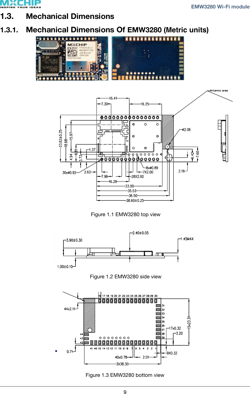 1.3. Mechanical Dimensions1.3.1. Mechanical Dimensions Of EMW3280 (Metric units) !! Figure 1.1 EMW3280 top view Figure 1.2 EMW3280 side viewFigure 1.3 EMW3280 bottom view! ! EMW3280 Wi-Fi module9