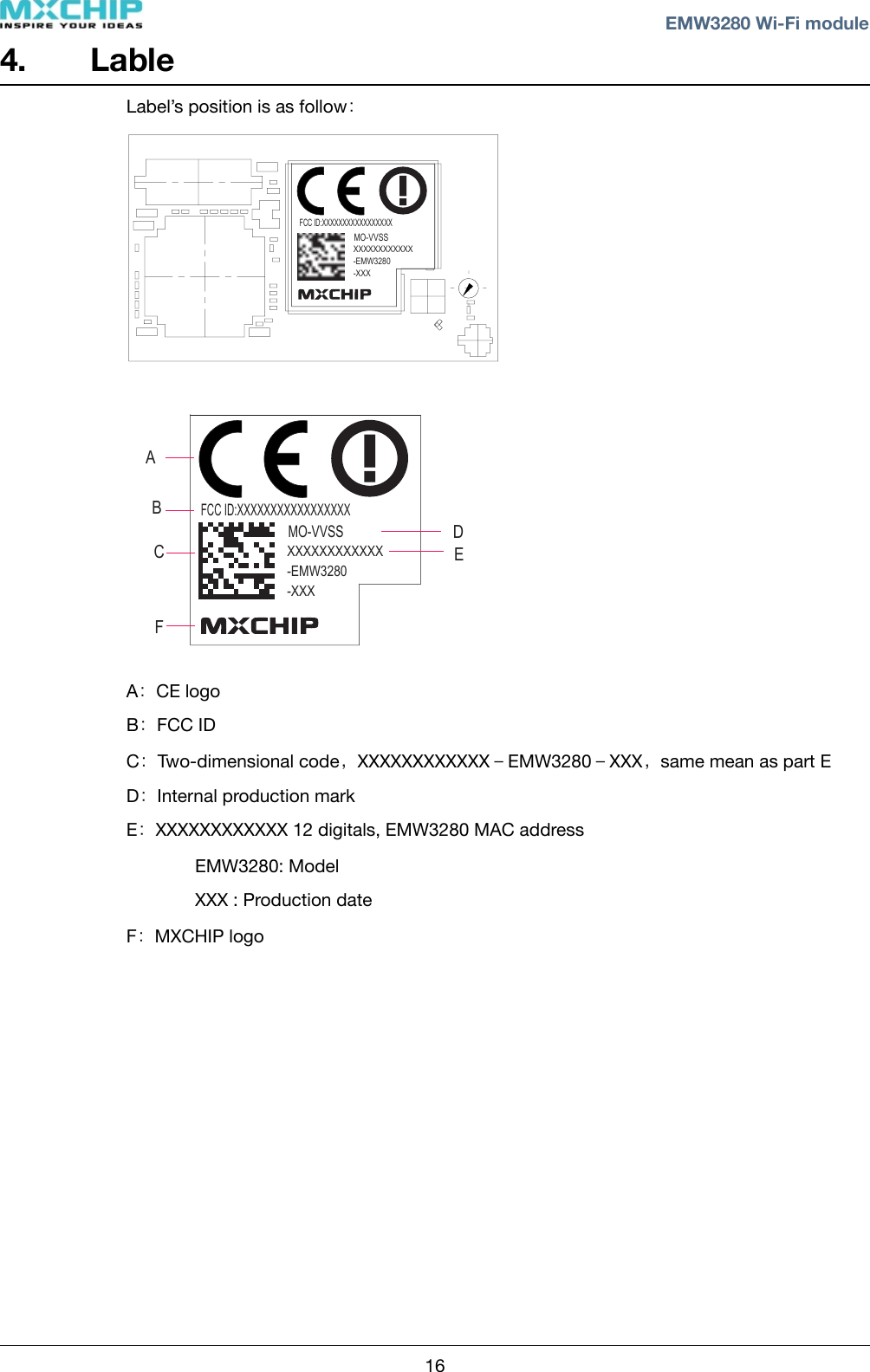 4. LableLabel’s position is as follow：FCC ID:XXXXXXXXXXXXXXXXXXXXXXXXXXXXX-EMW3280-XXXMO-VVSSFCC ID:XXXXXXXXXXXXXXXXXXXXXXXXXXXXX-EMW3280-XXXMO-VVSSABCDEFA：CE logoB：FCC IDC：Two-dimensional code，XXXXXXXXXXXX－EMW3280－XXX，same mean as part ED：Internal production markE：XXXXXXXXXXXX 12 digitals, EMW3280 MAC address%EMW3280: Model%XXX : Production dateF：MXCHIP logo! ! EMW3280 Wi-Fi module16