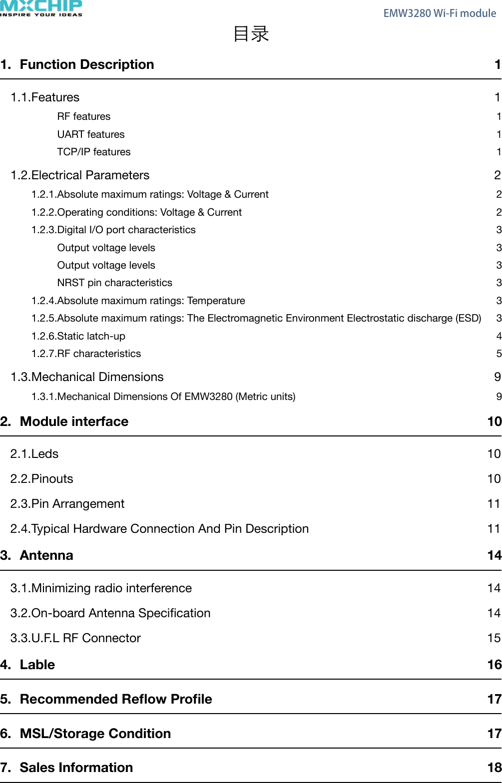 󲥣录1. Function Description!11.1.Features!1RF features!1UART features !1TCP/IP features !11.2.Electrical Parameters!21.2.1.Absolute maximum ratings: Voltage &amp; Current!21.2.2.Operating conditions: Voltage &amp; Current!21.2.3.Digital I/O port characteristics!3Output voltage levels!3Output voltage levels!3NRST pin characteristics !31.2.4.Absolute maximum ratings: Temperature!31.2.5.Absolute maximum ratings: The Electromagnetic Environment Electrostatic discharge (ESD)!31.2.6.Static latch-up!41.2.7.RF characteristics !51.3.Mechanical Dimensions!91.3.1.Mechanical Dimensions Of EMW3280 (Metric units)!92. Module interface!102.1.Leds!102.2.Pinouts!102.3.Pin Arrangement!112.4.Typical Hardware Connection And Pin Description!113. Antenna!143.1.Minimizing radio interference!143.2.On-board Antenna Speciﬁcation!143.3.U.F.L RF Connector!154. Lable!165. Recommended Reﬂow Proﬁle!176. MSL/Storage Condition!177. Sales Information!18    EMW3280 Wi-Fi module