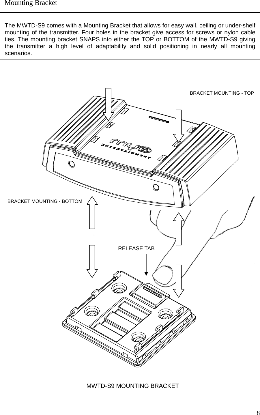   8                                                     Mounting Bracket  The MWTD-S9 comes with a Mounting Bracket that allows for easy wall, ceiling or under-shelf mounting of the transmitter. Four holes in the bracket give access for screws or nylon cable ties. The mounting bracket SNAPS into either the TOP or BOTTOM of the MWTD-S9 giving the transmitter a high level of adaptability and solid positioning in nearly all mounting scenarios.   MWTD-S9 MOUNTING BRACKETBRACKET MOUNTING - TOP BRACKET MOUNTING - BOTTOM RELEASE TAB     