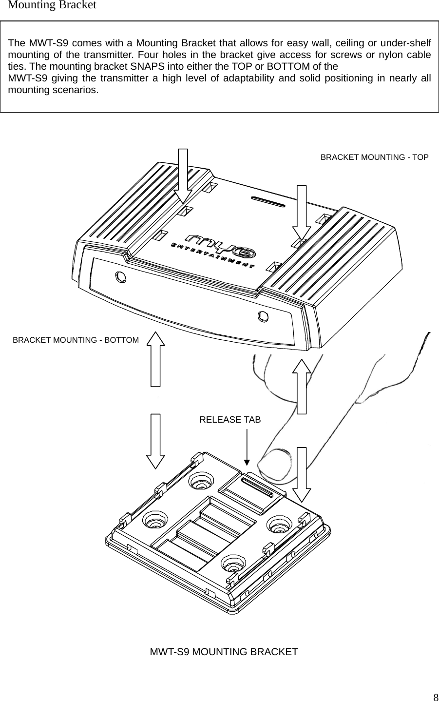  8                                                     Mounting Bracket  The MWT-S9 comes with a Mounting Bracket that allows for easy wall, ceiling or under-shelf mounting of the transmitter. Four holes in the bracket give access for screws or nylon cable ties. The mounting bracket SNAPS into either the TOP or BOTTOM of the  MWT-S9 giving the transmitter a high level of adaptability and solid positioning in nearly all mounting scenarios.   MWT-S9 MOUNTING BRACKETBRACKET MOUNTING - TOP BRACKET MOUNTING - BOTTOM RELEASE TAB     