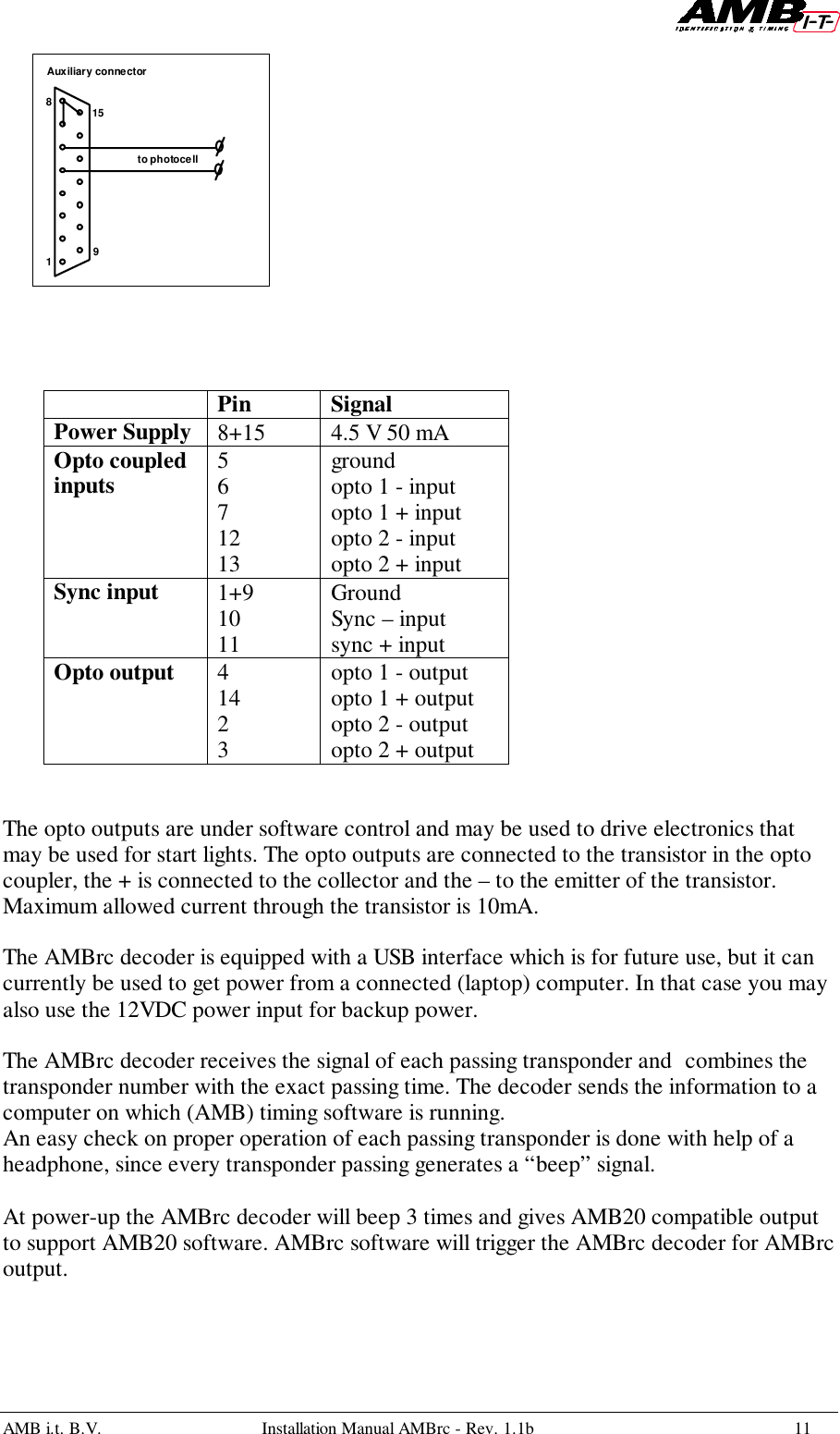 AMB i.t. B.V. Installation Manual AMBrc - Rev. 1.1b 11Pin SignalPower Supply 8+15 4.5 V 50 mAOpto coupledinputs 5671213groundopto 1 - inputopto 1 + inputopto 2 - inputopto 2 + inputSync input 1+91011GroundSync – inputsync + inputOpto output 41423opto 1 - outputopto 1 + outputopto 2 - outputopto 2 + outputThe opto outputs are under software control and may be used to drive electronics thatmay be used for start lights. The opto outputs are connected to the transistor in the optocoupler, the + is connected to the collector and the – to the emitter of the transistor.Maximum allowed current through the transistor is 10mA.The AMBrc decoder is equipped with a USB interface which is for future use, but it cancurrently be used to get power from a connected (laptop) computer. In that case you mayalso use the 12VDC power input for backup power.The AMBrc decoder receives the signal of each passing transponder and combines thetransponder number with the exact passing time. The decoder sends the information to acomputer on which (AMB) timing software is running.An easy check on proper operation of each passing transponder is done with help of aheadphone, since every transponder passing generates a “beep” signal.At power-up the AMBrc decoder will beep 3 times and gives AMB20 compatible outputto support AMB20 software. AMBrc software will trigger the AMBrc decoder for AMBrcoutput.15981Auxiliary connectorto photocell