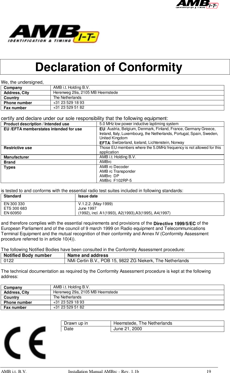 AMB i.t. B.V. Installation Manual AMBrc - Rev. 1.1b 19Declaration of ConformityWe, the undersigned,Company AMB i.t. Holding B.V.Address, City Herenweg 29a, 2105 MB HeemstedeCountry The NetherlandsPhone number +31 23 529 18 93Fax number +31 23 529 51 82certify and declare under our sole responsibility that the following equipment:Product description / Intended use 5.0 MHz low power inductive laptiming systemEU /EFTA memberstates intended for use EU: Austria, Belgium, Denmark, Finland, France, Germany Greece,Ireland, Italy, Luxembourg, the Netherlands, Portugal, Spain, Sweden,United KingdomEFTA: Switzerland, Iceland, Lichtenstein, NorwayRestrictive use Those EU members where the 5.0MHz frequency is not allowed for thisapplicationManufacturer AMB i.t. Holding B.V.Brand AMBrcTypes AMB rc DecoderAMB rc TransponderAMBrc  DPAMBrc  F102RP-5is tested to and conforms with the essential radio test suites included in following standards:Standard Issue dateEN 300 330ETS 300 683EN 60950V.1.2.2. (May-1999)June 1997(1992), incl. A1(1993), A2(1993),A3(1995), A4(1997)and therefore complies with the essential requirements and provisions of the Directive 1999/5/EC of theEuropean Parliament and of the council of 9 march 1999 on Radio equipment and TelecommunicationsTerminal Equipment and the mutual recognition of their conformity and Annex IV (Conformity Assessmentprocedure referred to in article 10(4)).The following Notified Bodies have been consulted in the Conformity Assessment procedure:Notified Body number Name and address0122 NMi Certin B.V., POB 15, 9822 ZG Niekerk, The NetherlandsThe technical documentation as required by the Conformity Assessment procedure is kept at the followingaddress:Company AMB i.t. Holding B.V.Address, City Herenweg 29a, 2105 MB HeemstedeCountry The NetherlandsPhone number +31 23 529 18 93Fax number +31 23 529 51 82Drawn up in Heemstede, The NetherlandsDate June 21, 2000