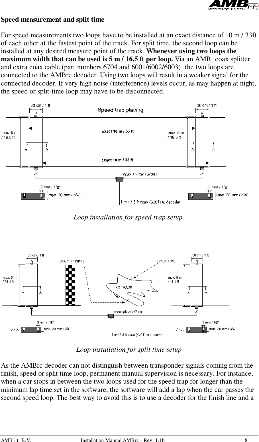 AMB i.t. B.V. Installation Manual AMBrc - Rev. 1.1b 8Speed measurement and split timeFor speed measurements two loops have to be installed at an exact distance of 10 m / 33ftof each other at the fastest point of the track. For split time, the second loop can beinstalled at any desired measure point of the track. Whenever using two loops themaximum width that can be used is 5 m / 16.5 ft per loop. Via an AMB coax splitterand extra coax cable (part numbers 6704 and 6001/6002/6003) the two loops areconnected to the AMBrc decoder. Using two loops will result in a weaker signal for theconnected decoder. If very high noise (interference) levels occur, as may happen at night,the speed or split-time loop may have to be disconnected.Loop installation for speed trap setup.Loop installation for split time setupAs the AMBrc decoder can not distinguish between transponder signals coming from thefinish, speed or split time loop, permanent manual supervision is necessary. For instance,when a car stops in between the two loops used for the speed trap for longer than theminimum lap time set in the software, the software will add a lap when the car passes thesecond speed loop. The best way to avoid this is to use a decoder for the finish line and a