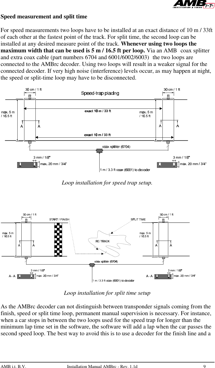   AMB i.t. B.V.  Installation Manual AMBrc - Rev. 1.1d 9  Speed measurement and split time  For speed measurements two loops have to be installed at an exact distance of 10 m / 33ft of each other at the fastest point of the track. For split time, the second loop can be installed at any desired measure point of the track. Whenever using two loops the maximum width that can be used is 5 m / 16.5 ft per loop. Via an AMB coax splitter and extra coax cable (part numbers 6704 and 6001/6002/6003) the two loops are connected to the AMBrc decoder. Using two loops will result in a weaker signal for the connected decoder. If very high noise (interference) levels occur, as may happen at night, the speed or split-time loop may have to be disconnected.     Loop installation for speed trap setup.       Loop installation for split time setup  As the AMBrc decoder can not distinguish between transponder signals coming from the finish, speed or split time loop, permanent manual supervision is necessary. For instance, when a car stops in between the two loops used for the speed trap for longer than the minimum lap time set in the software, the software will add a lap when the car passes the second speed loop. The best way to avoid this is to use a decoder for the finish line and a 