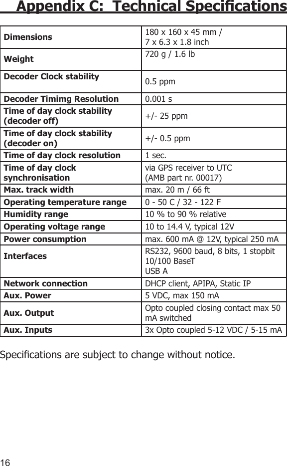 1617Appendix C:  Technical SpecicationsDimensions 180 x 160 x 45 mm / 7 x 6.3 x 1.8 inchWeight 720 g / 1.6 lbDecoder Clock stability 0.5 ppmDecoder Timimg Resolution 0.001 sTime of day clock stability (decoder off) +/- 25 ppmTime of day clock stability (decoder on) +/- 0.5 ppmTime of day clock resolution 1 sec.Time of day clock synchronisationvia GPS receiver to UTC(AMB part nr. 00017)Max. track width max. 20 m / 66 ftOperating temperature range 0 - 50 C / 32 - 122 FHumidity range 10 % to 90 % relativeOperating voltage range 10 to 14.4 V, typical 12VPower consumption max. 600 mA @ 12V, typical 250 mAInterfaces  RS232, 9600 baud, 8 bits, 1 stopbit 10/100 BaseTUSB ANetwork connection DHCP client, APIPA, Static IPAux. Power 5 VDC, max 150 mAAux. Output Opto coupled closing contact max 50 mA switchedAux. Inputs 3x Opto coupled 5-12 VDC / 5-15 mASpecications are subject to change without notice. 