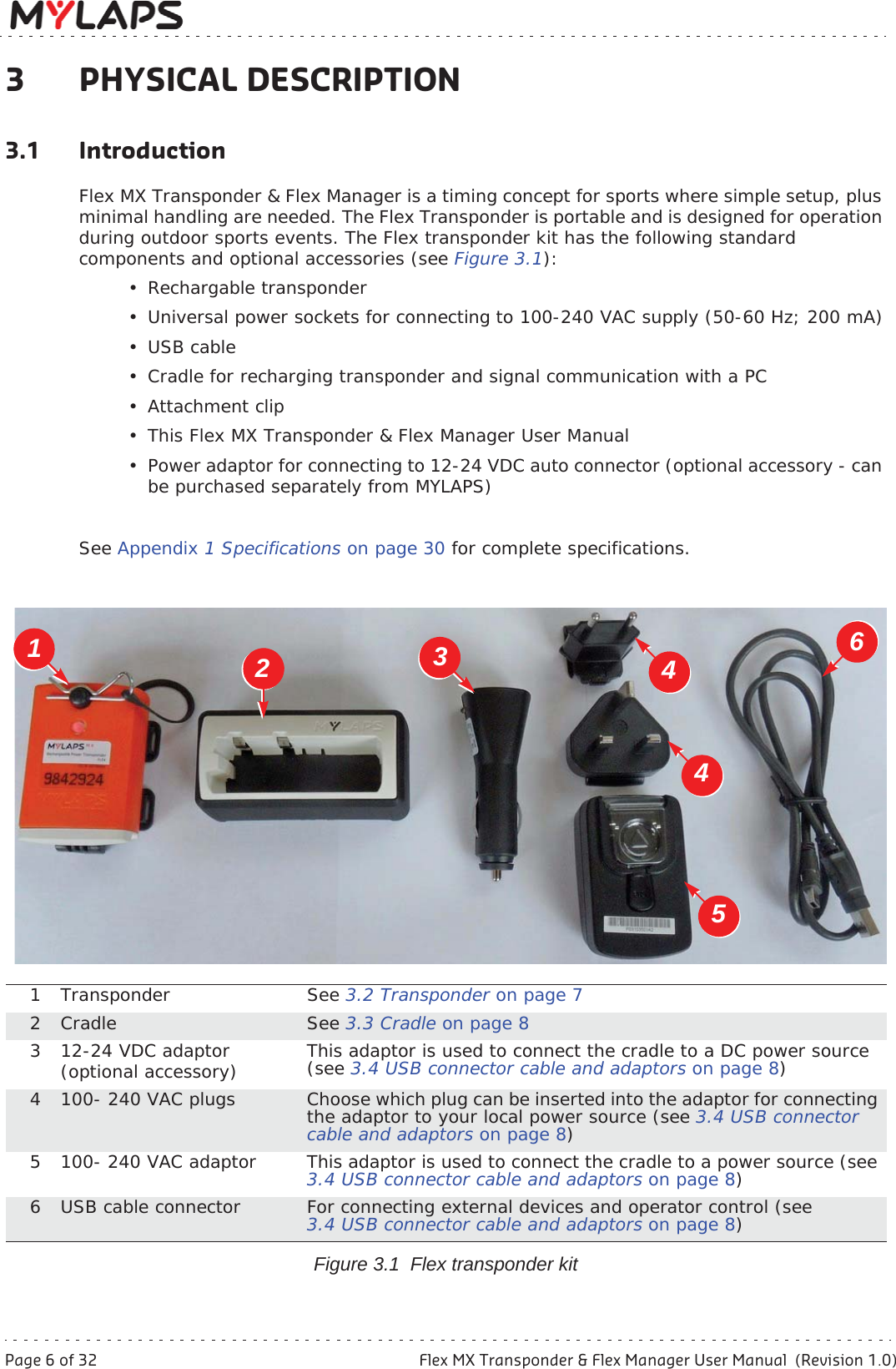 Page 6 of 32 Flex MX Transponder &amp; Flex Manager User Manual  (Revision 1.0)3 Physical description3 PHYSICAL DESCRIPTION3.1 IntroductionFlex MX Transponder &amp; Flex Manager is a timing concept for sports where simple setup, plus minimal handling are needed. The Flex Transponder is portable and is designed for operation during outdoor sports events. The Flex transponder kit has the following standard components and optional accessories (see Figure 3.1):• Rechargable transponder• Universal power sockets for connecting to 100-240 VAC supply (50-60 Hz; 200 mA)•USB cable• Cradle for recharging transponder and signal communication with a PC•Attachment clip• This Flex MX Transponder &amp; Flex Manager User Manual • Power adaptor for connecting to 12-24 VDC auto connector (optional accessory - can be purchased separately from MYLAPS)See Appendix 1 Specifications on page 30 for complete specifications.Figure 3.1  Flex transponder kit1 Transponder See 3.2 Transponder on page 7 2Cradle See 3.3 Cradle on page 83 12-24 VDC adaptor (optional accessory) This adaptor is used to connect the cradle to a DC power source (see 3.4 USB connector cable and adaptors on page 8)4 100- 240 VAC plugs Choose which plug can be inserted into the adaptor for connecting the adaptor to your local power source (see 3.4 USB connector cable and adaptors on page 8)5 100- 240 VAC adaptor This adaptor is used to connect the cradle to a power source (see 3.4 USB connector cable and adaptors on page 8)6 USB cable connector For connecting external devices and operator control (see 3.4 USB connector cable and adaptors on page 8)2134456