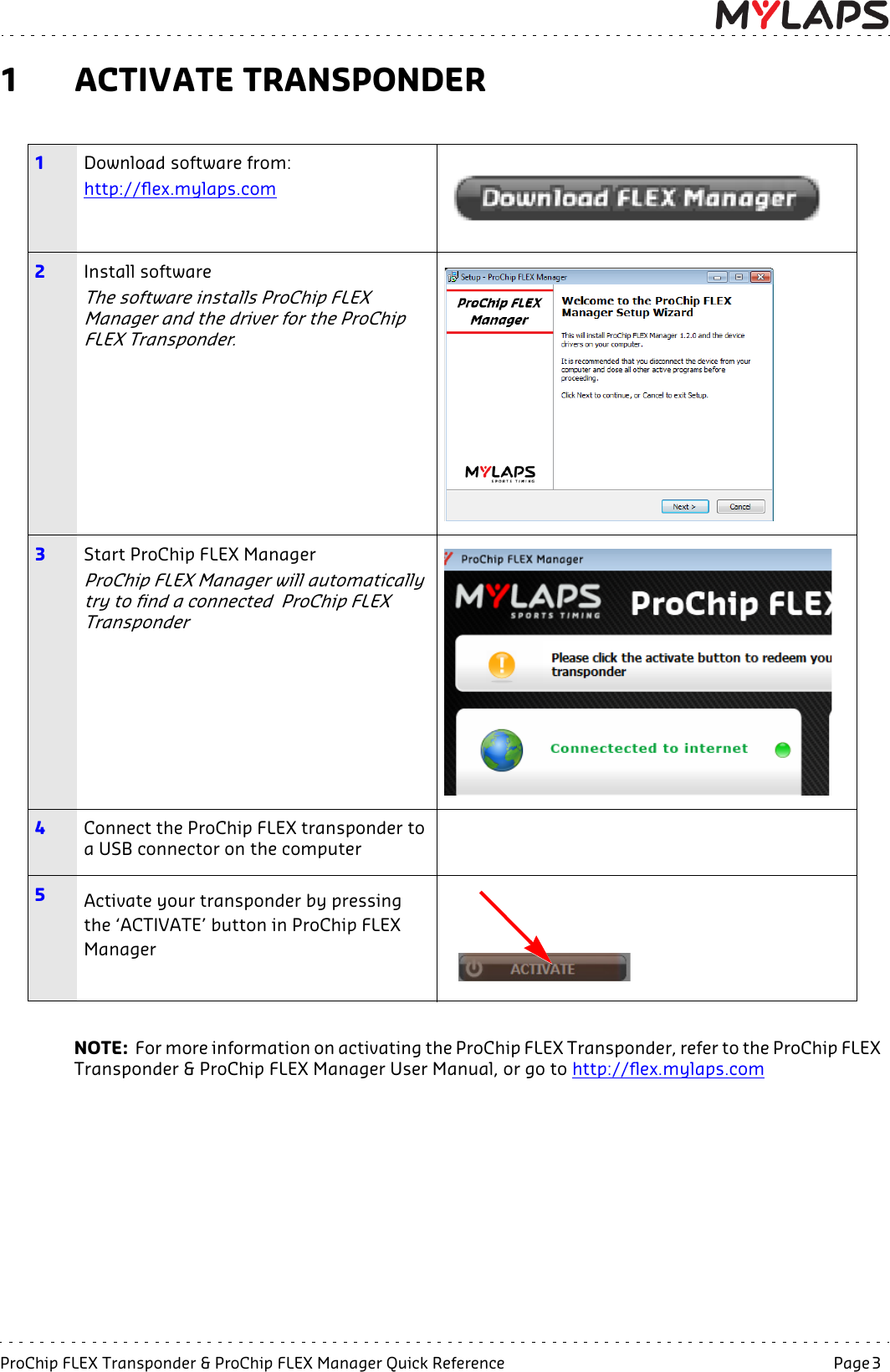 ProChip FLEX Transponder &amp; ProChip FLEX Manager Quick Reference   Page 3  1 ACTIVATE TRANSPONDER NOTE:  For more information on activating the ProChip FLEX Transponder, refer to the ProChip FLEX Transponder &amp; ProChip FLEX Manager User Manual, or go to http://flex.mylaps.com1Download software from:http://flex.mylaps.com2Install softwareThe software installs ProChip FLEX Manager and the driver for the ProChip FLEX Transponder.3Start ProChip FLEX ManagerProChip FLEX Manager will automatically try to find a connected  ProChip FLEX Transponder4Connect the ProChip FLEX transponder to a USB connector on the computer5Activate your transponder by pressing the ‘ACTIVATE’ button in ProChip FLEX Manager 