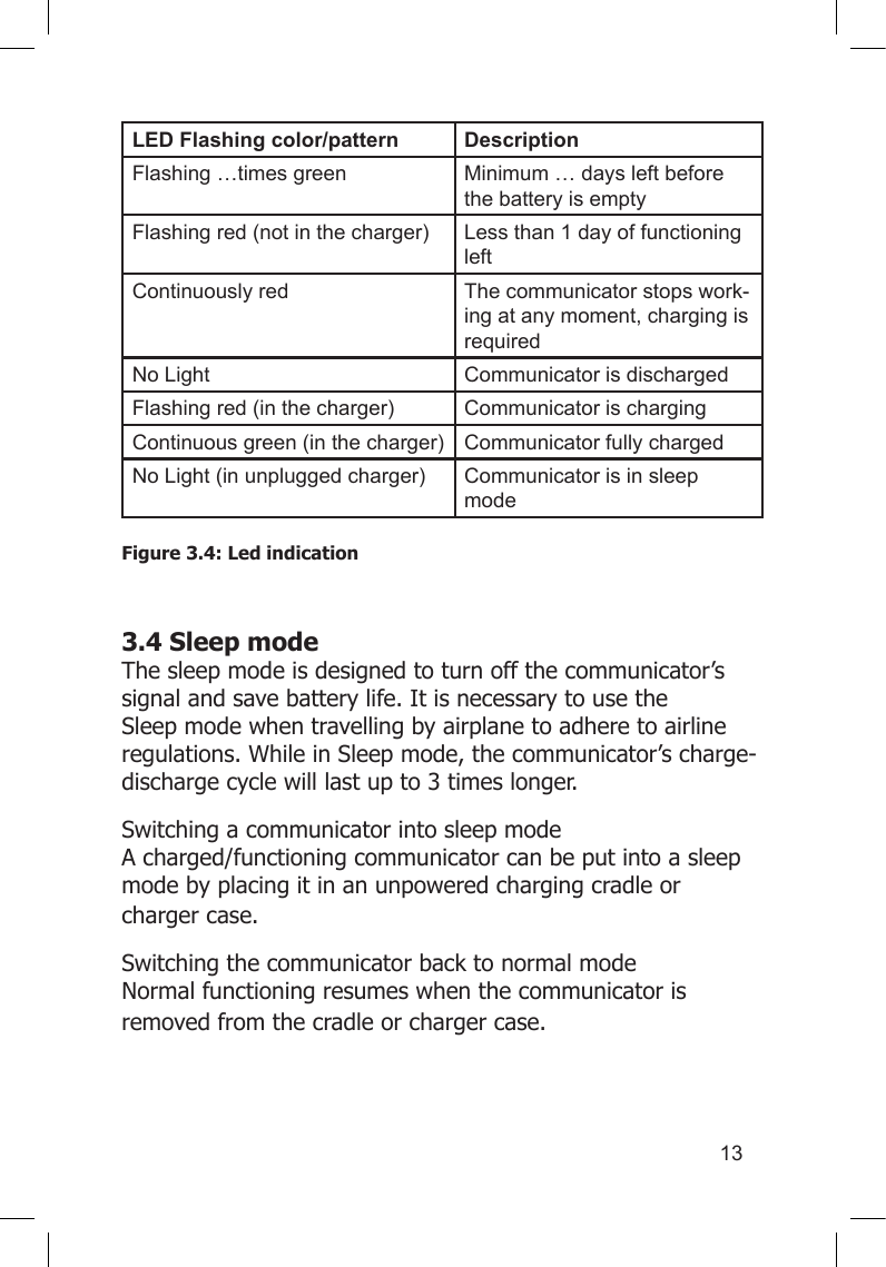 13LED Flashing color/pattern DescriptionFlashing …times green Minimum … days left before the battery is emptyFlashing red (not in the charger) Less than 1 day of functioning leftContinuously red The communicator stops work-ing at any moment, charging is requiredNo Light Communicator is dischargedFlashing red (in the charger) Communicator is chargingContinuous green (in the charger) Communicator fully chargedNo Light (in unplugged charger) Communicator is in sleep modeFigure 3.4: Led indication     3.4 Sleep mode The sleep mode is designed to turn off the communicator’s signal and save battery life. It is necessary to use the Sleep mode when travelling by airplane to adhere to airline regulations. While in Sleep mode, the communicator’s charge-discharge cycle will last up to 3 times longer.Switching a communicator into sleep mode A charged/functioning communicator can be put into a sleep mode by placing it in an unpowered charging cradle or charger case. Switching the communicator back to normal mode Normal functioning resumes when the communicator is removed from the cradle or charger case.     