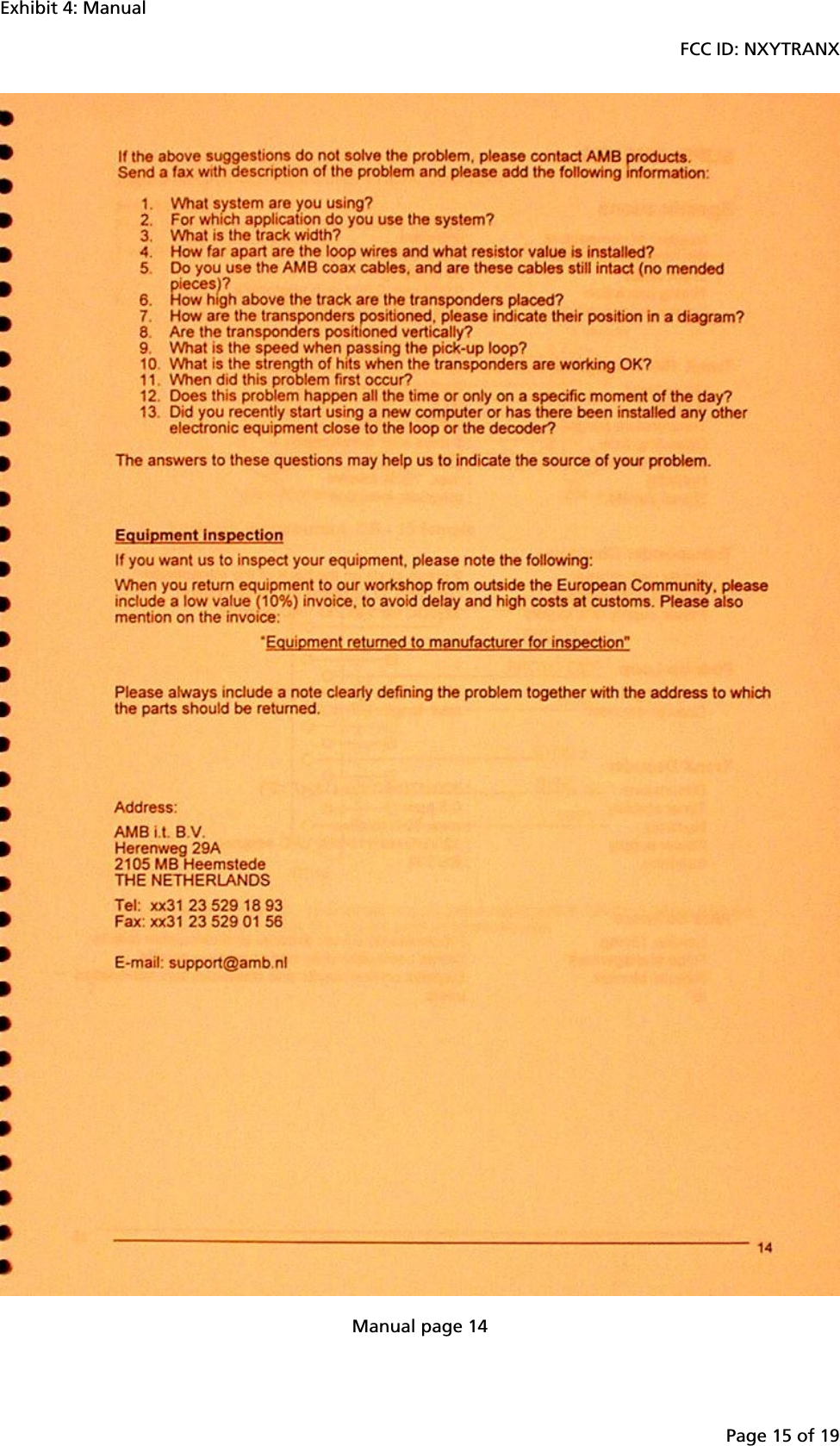 Exhibit 4: ManualFCC ID: NXYTRANXPage 15 of 19Manual page 14