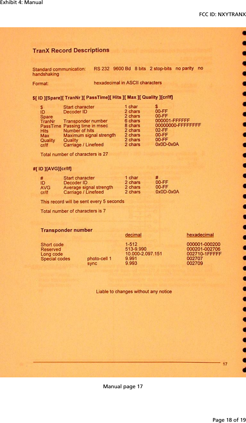 Exhibit 4: ManualFCC ID: NXYTRANXPage 18 of 19Manual page 17