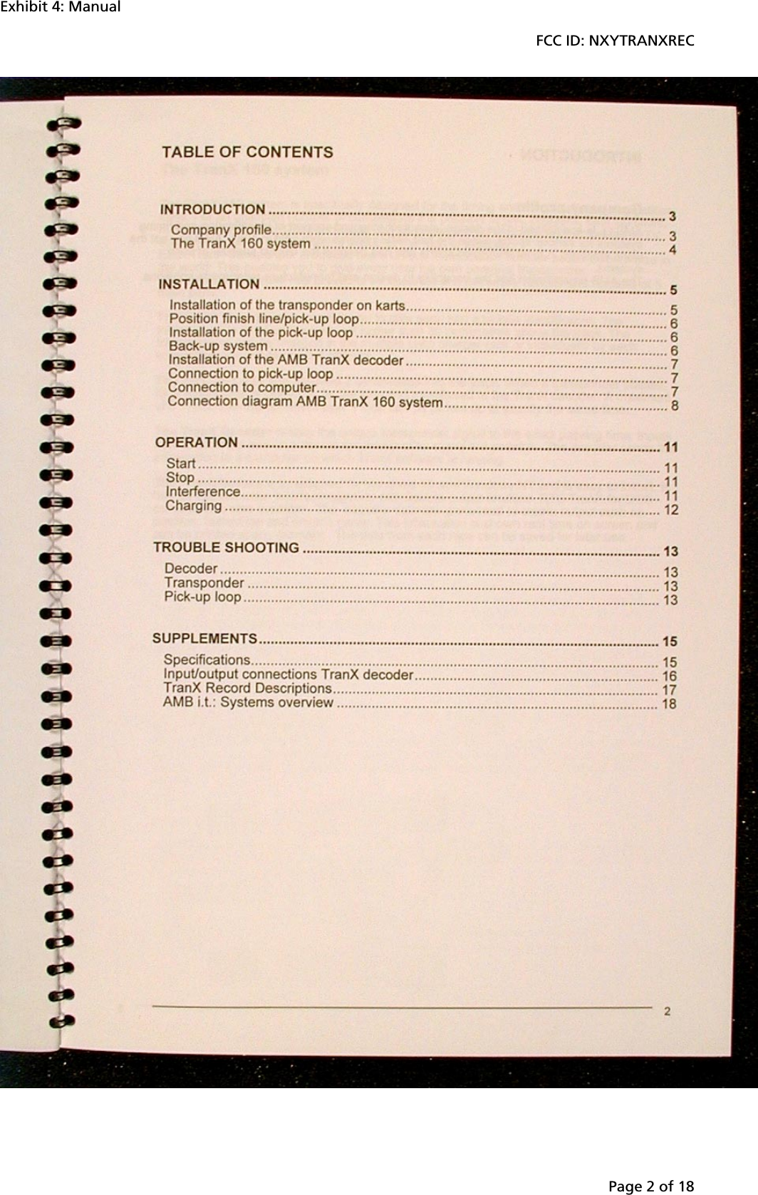 Exhibit 4: ManualFCC ID: NXYTRANXRECPage 2 of 18