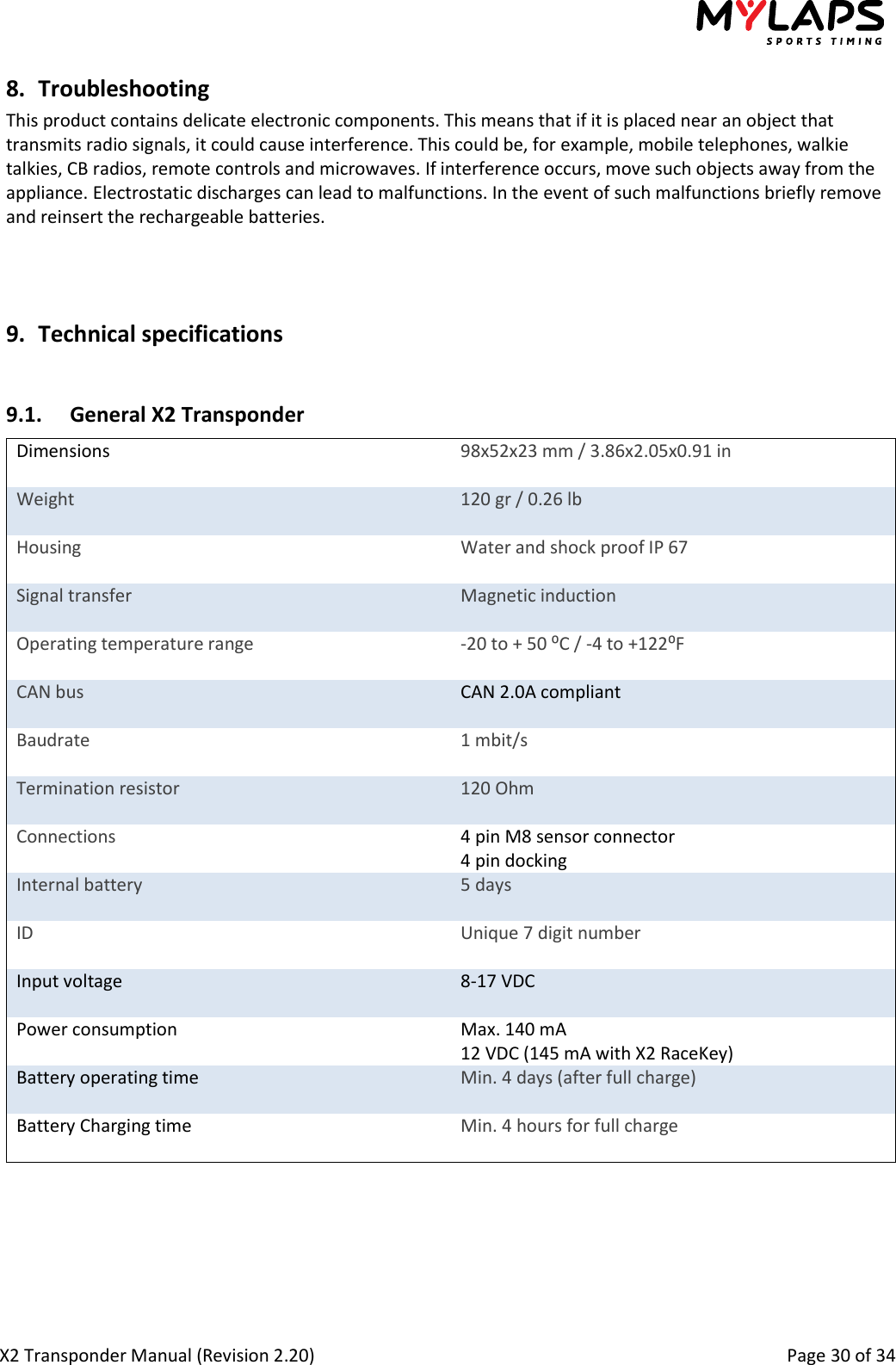  X2 Transponder Manual (Revision 2.20)                                                                                                          Page 30 of 34  8. Troubleshooting This product contains delicate electronic components. This means that if it is placed near an object that transmits radio signals, it could cause interference. This could be, for example, mobile telephones, walkie talkies, CB radios, remote controls and microwaves. If interference occurs, move such objects away from the appliance. Electrostatic discharges can lead to malfunctions. In the event of such malfunctions briefly remove and reinsert the rechargeable batteries.    9. Technical specifications  9.1. General X2 Transponder Dimensions 98x52x23 mm / 3.86x2.05x0.91 in  Weight 120 gr / 0.26 lb  Housing Water and shock proof IP 67  Signal transfer Magnetic induction  Operating temperature range -20 to + 50 ⁰C / -4 to +122⁰F  CAN bus CAN 2.0A compliant  Baudrate 1 mbit/s  Termination resistor 120 Ohm  Connections 4 pin M8 sensor connector 4 pin docking Internal battery 5 days  ID Unique 7 digit number  Input voltage  8-17 VDC  Power consumption  Max. 140 mA 12 VDC (145 mA with X2 RaceKey) Battery operating time  Min. 4 days (after full charge) Battery Charging time Min. 4 hours for full charge  U    