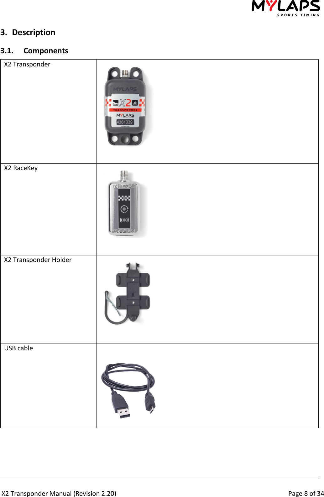  X2 Transponder Manual (Revision 2.20)                                                                                                          Page 8 of 34  3. Description 3.1. Components X2 Transponder  X2 RaceKey  X2 Transponder Holder  USB cable      