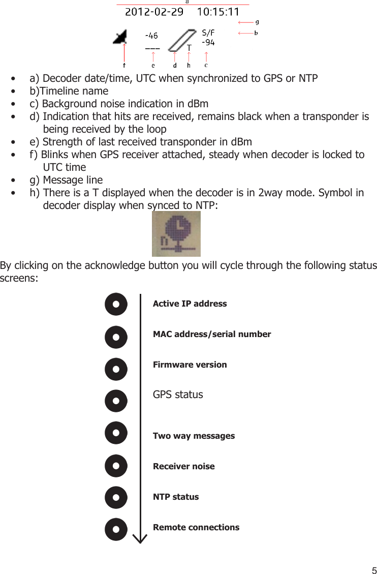 5 a) Decoder date/time, UTC when synchronized to GPS or NTP• b)Timeline name• c) Background noise indication in dBm• d) Indication that hits are received, remains black when a transponder is  •     being received by the loope) Strength of last received transponder in dBm• f) Blinks when GPS receiver attached, steady when decoder is locked to  •     UTC timeg) Message line• h) There is a T displayed when the decoder is in 2way mode. Symbol in  •     decoder display when synced to NTP:       By clicking on the acknowledge button you will cycle through the following status screens:Active IP address           MAC address/serial number           Firmware version  GPS statusTwo way messagesReceiver noiseNTP statusRemote connections