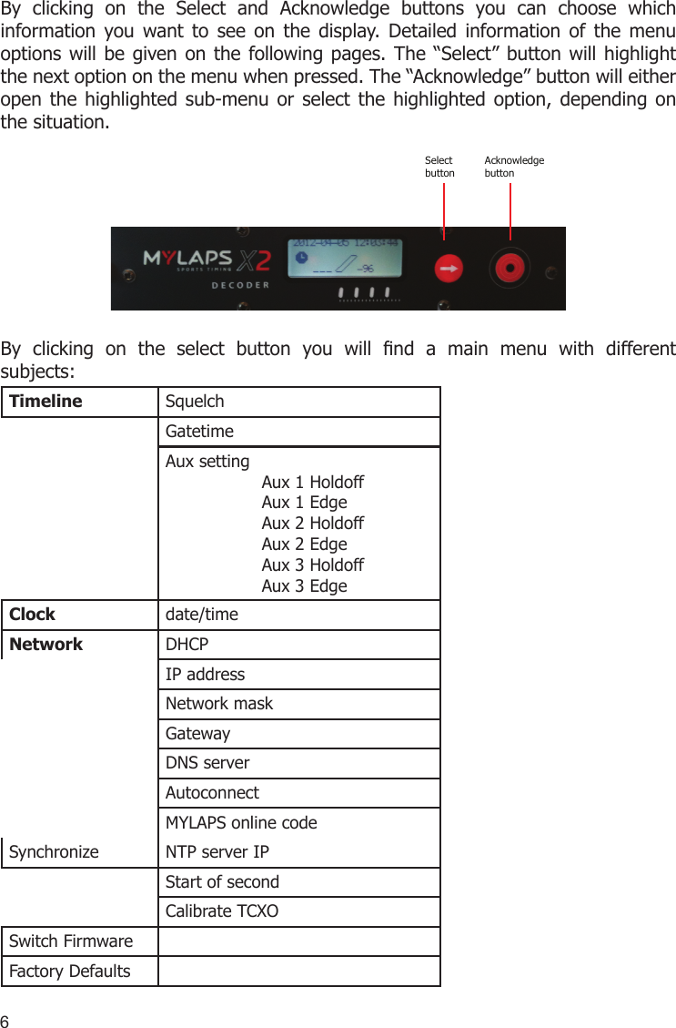 6By  clicking  on  the  Select  and  Acknowledge  buttons  you  can  choose  which information  you  want to  see  on  the  display.  Detailed  information  of  the  menu options will be given on the  following pages. The “Select” button will highlight the next option on the menu when pressed. The “Acknowledge” button will either open the  highlighted  sub-menu  or select the highlighted  option,  depending  on the situation.Select buttonAcknowledge buttonBy  clicking  on  the  select  button  you  will  nd  a  main  menu  with  different subjects:Timeline SquelchGatetimeAux setting                  Aux 1 Holdoff                  Aux 1 Edge                  Aux 2 Holdoff                  Aux 2 Edge                  Aux 3 Holdoff                  Aux 3 EdgeClock date/timeNetwork DHCPIP addressNetwork maskGatewayDNS serverAutoconnectMYLAPS online codeSynchronize NTP server IPStart of secondCalibrate TCXOSwitch FirmwareFactory Defaults