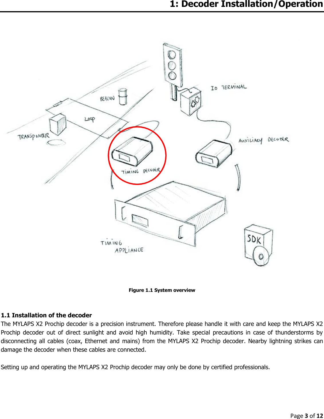 Page 3 of 12  1: Decoder Installation/Operation     Figure 1.1 System overview   1.1 Installation of the decoder The MYLAPS X2 Prochip decoder is a precision instrument. Therefore please handle it with care and keep the MYLAPS X2 Prochip  decoder  out  of  direct  sunlight  and  avoid  high  humidity.  Take  special  precautions  in  case  of  thunderstorms  by disconnecting all cables  (coax, Ethernet  and mains) from the  MYLAPS X2  Prochip decoder.  Nearby lightning strikes  can damage the decoder when these cables are connected.  Setting up and operating the MYLAPS X2 Prochip decoder may only be done by certified professionals. 